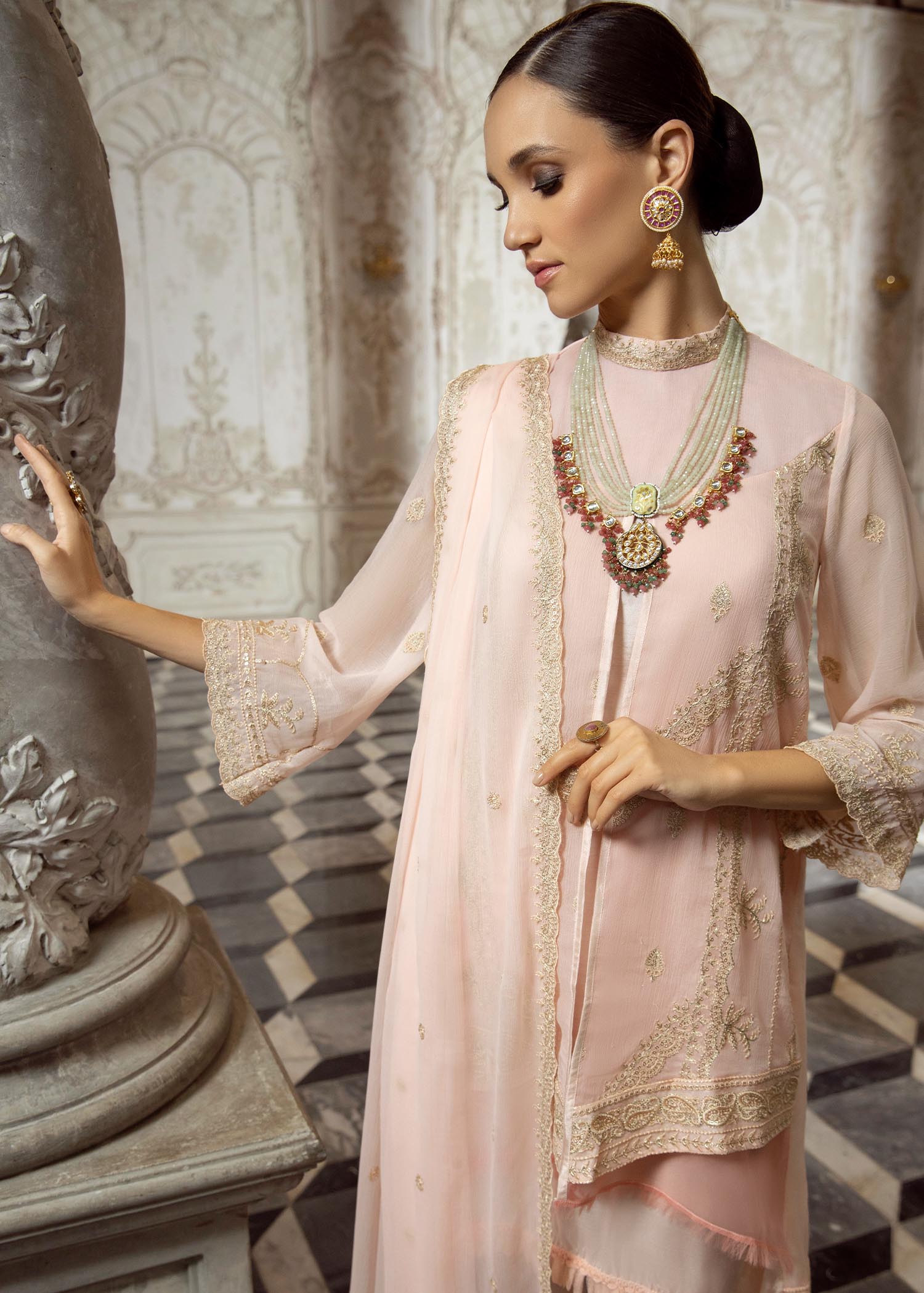 Merakish Candle Peach embroidered chiffon unstitched Suit Women 3pcs