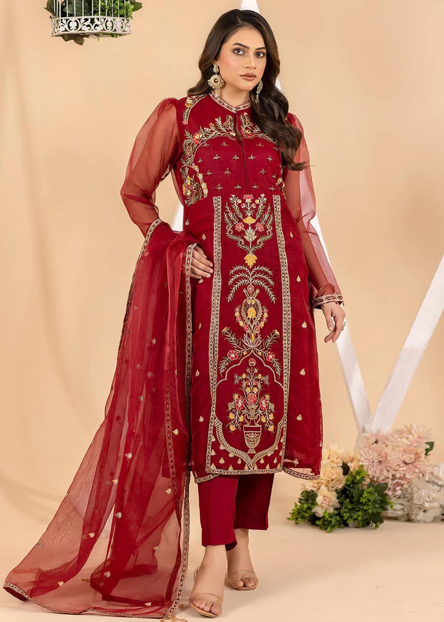 Madame Embroidered Organza A Line Shirt Suit 4018 Women 3pcs