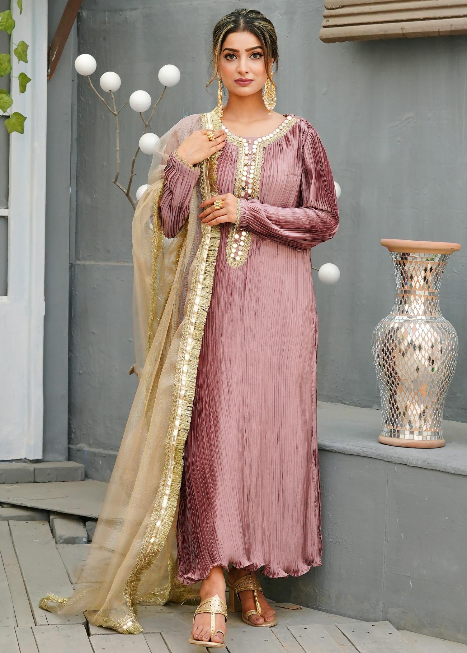 Zar Mauve Pleated Tunic Set Women 3pcs