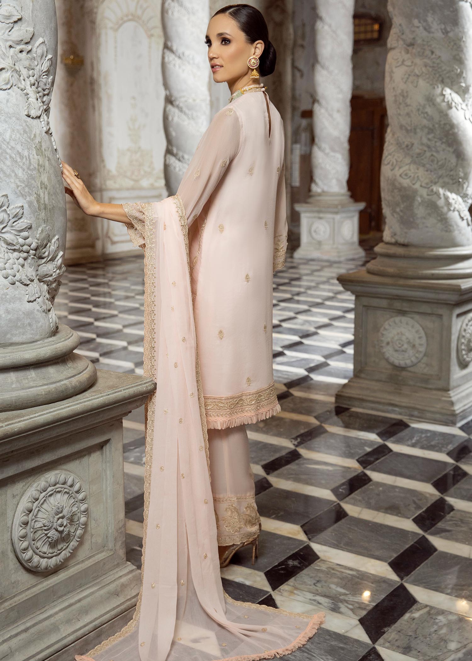 Merakish Candle Peach embroidered chiffon unstitched Suit Women 3pcs