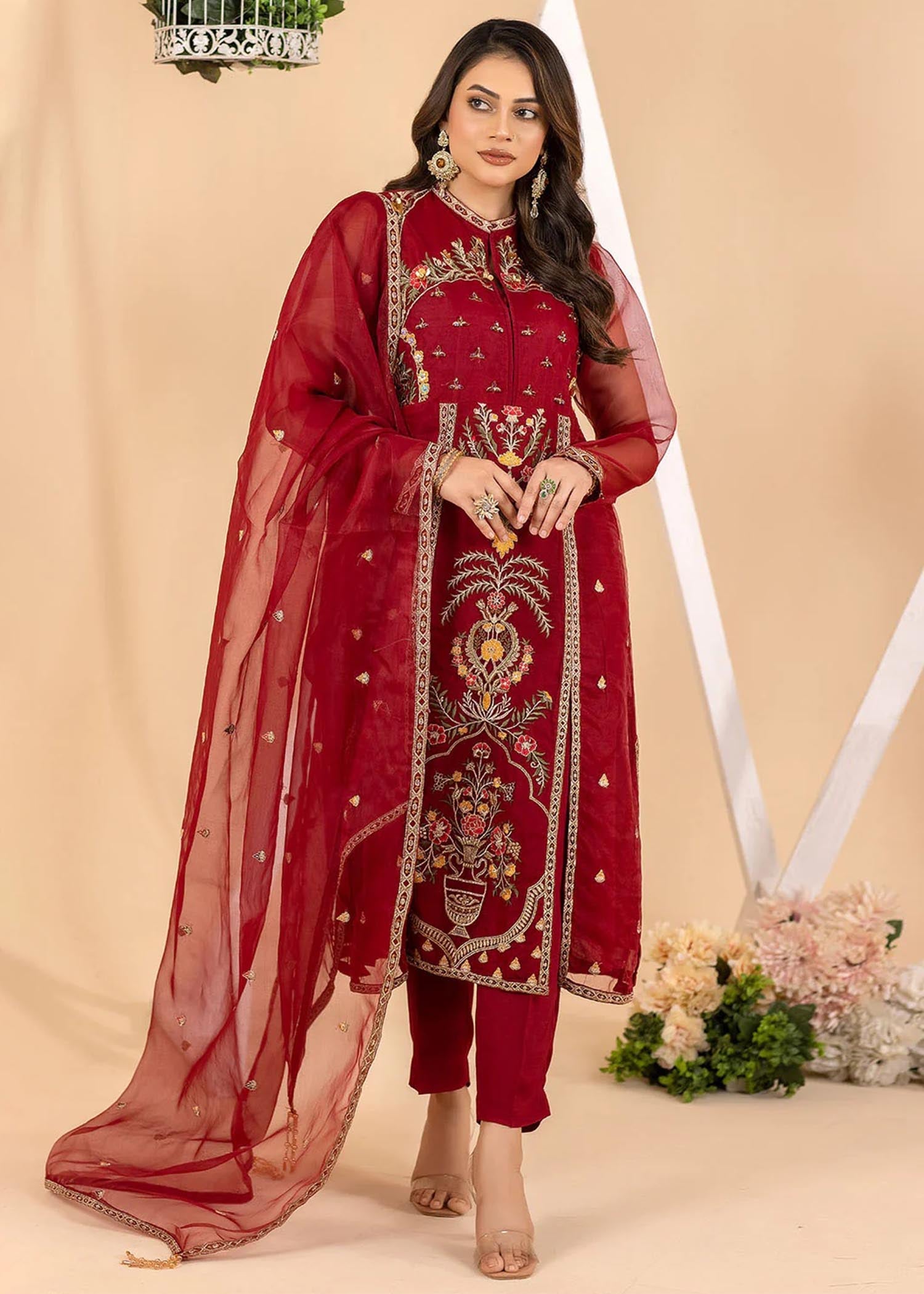 Madame Embroidered Organza A Line Shirt Suit 4018 Women 3pcs