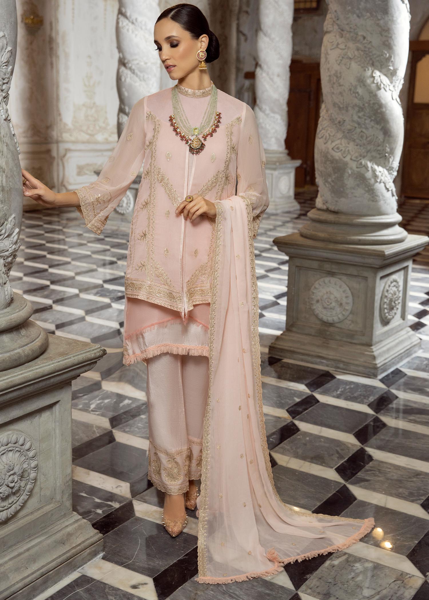 Merakish Candle Peach embroidered chiffon unstitched Suit Women 3pcs