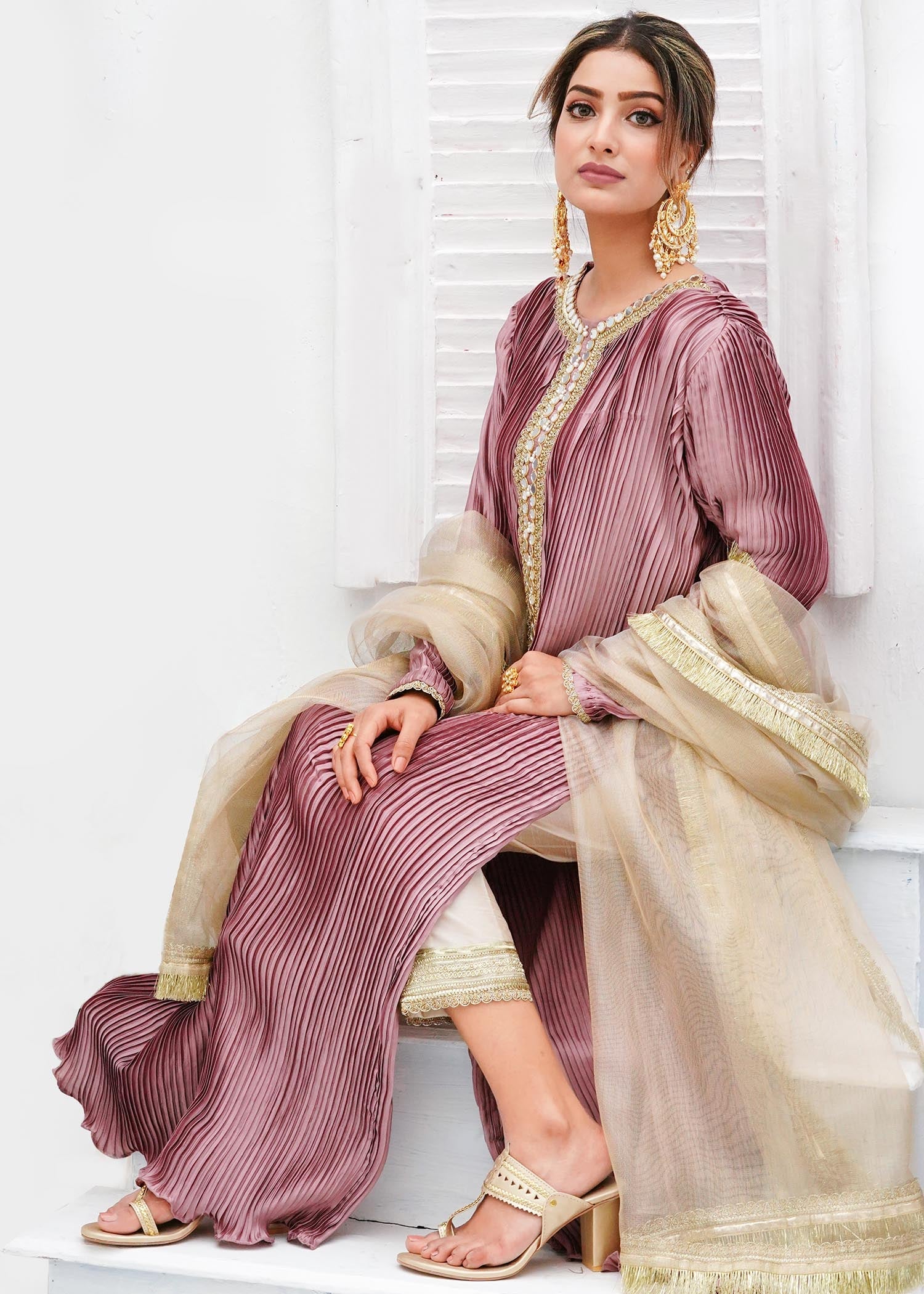 Zar Mauve Pleated Tunic Set Women 3pcs