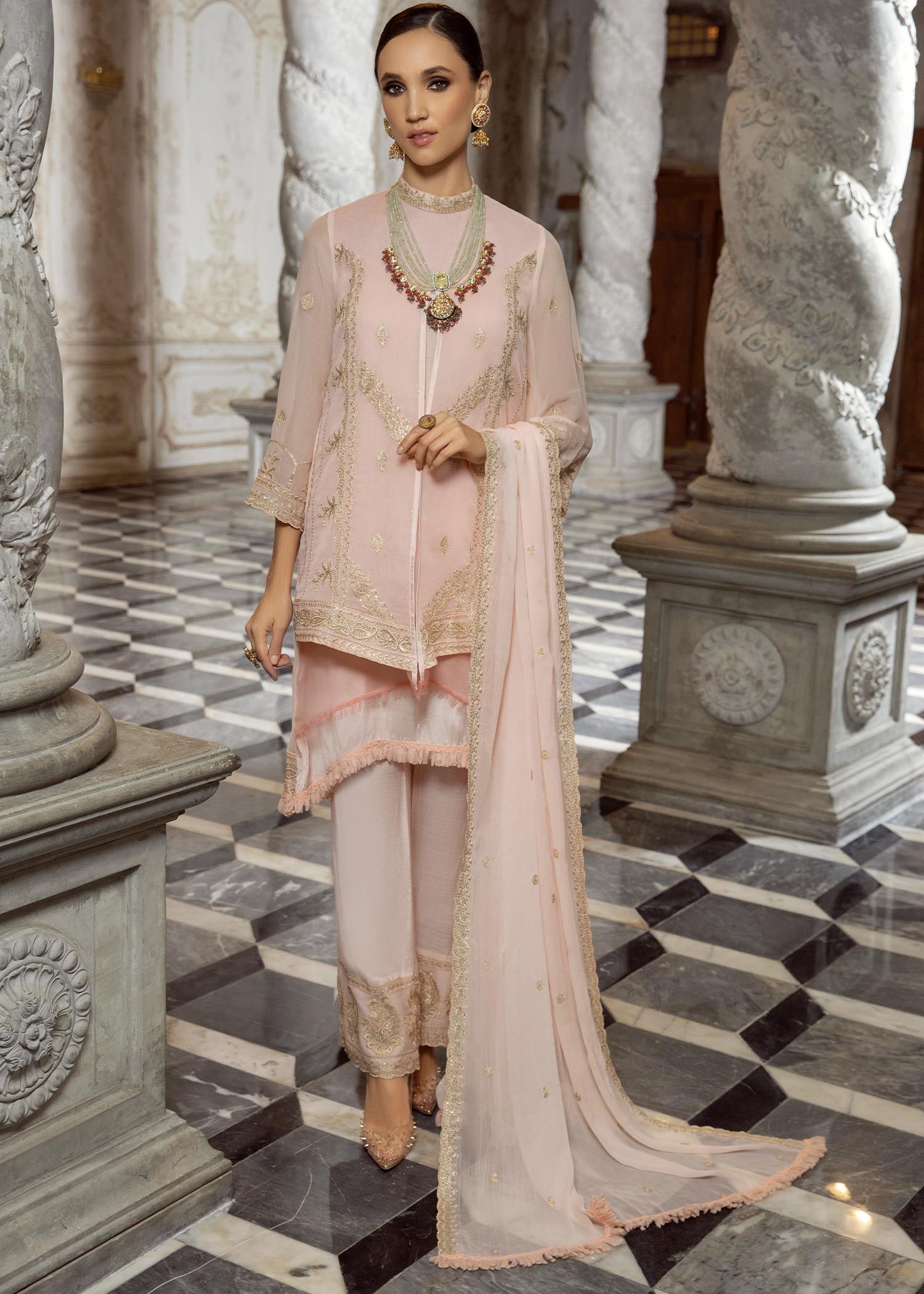 Merakish Candle Peach embroidered chiffon unstitched Suit Women 3pcs