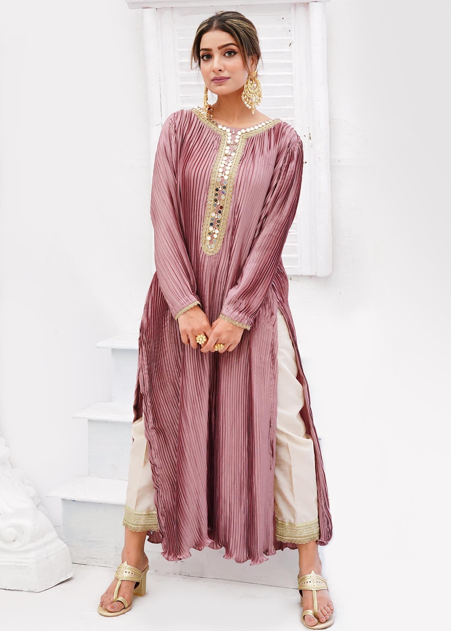 Zar Mauve Pleated Tunic Set Women 3pcs