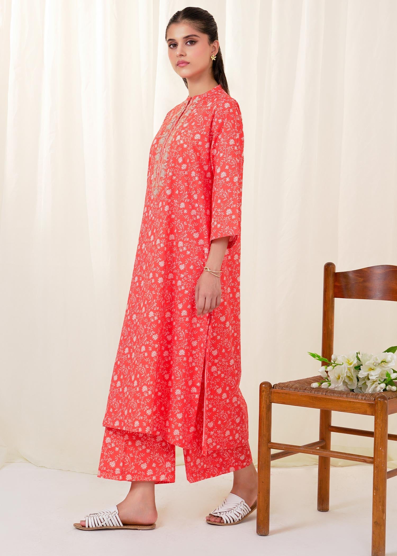 Buzzazi Orange Printed Cambric Suit Women 2pcs