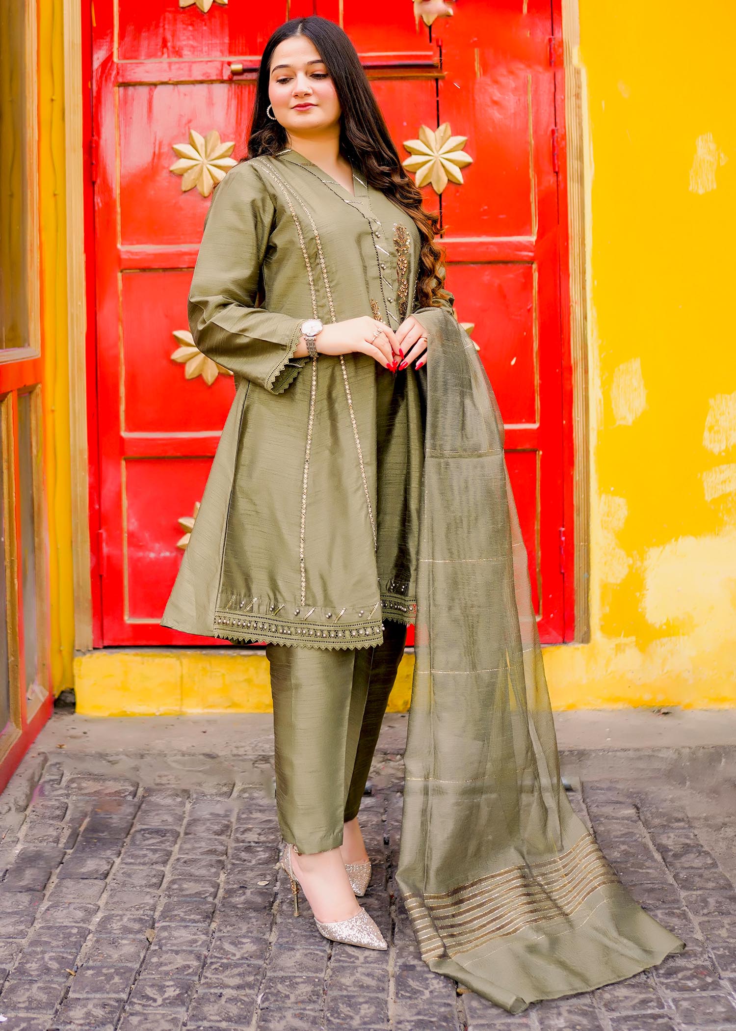 Four Season Boutique Chinese kolar Mhendi Green Women 3pcs