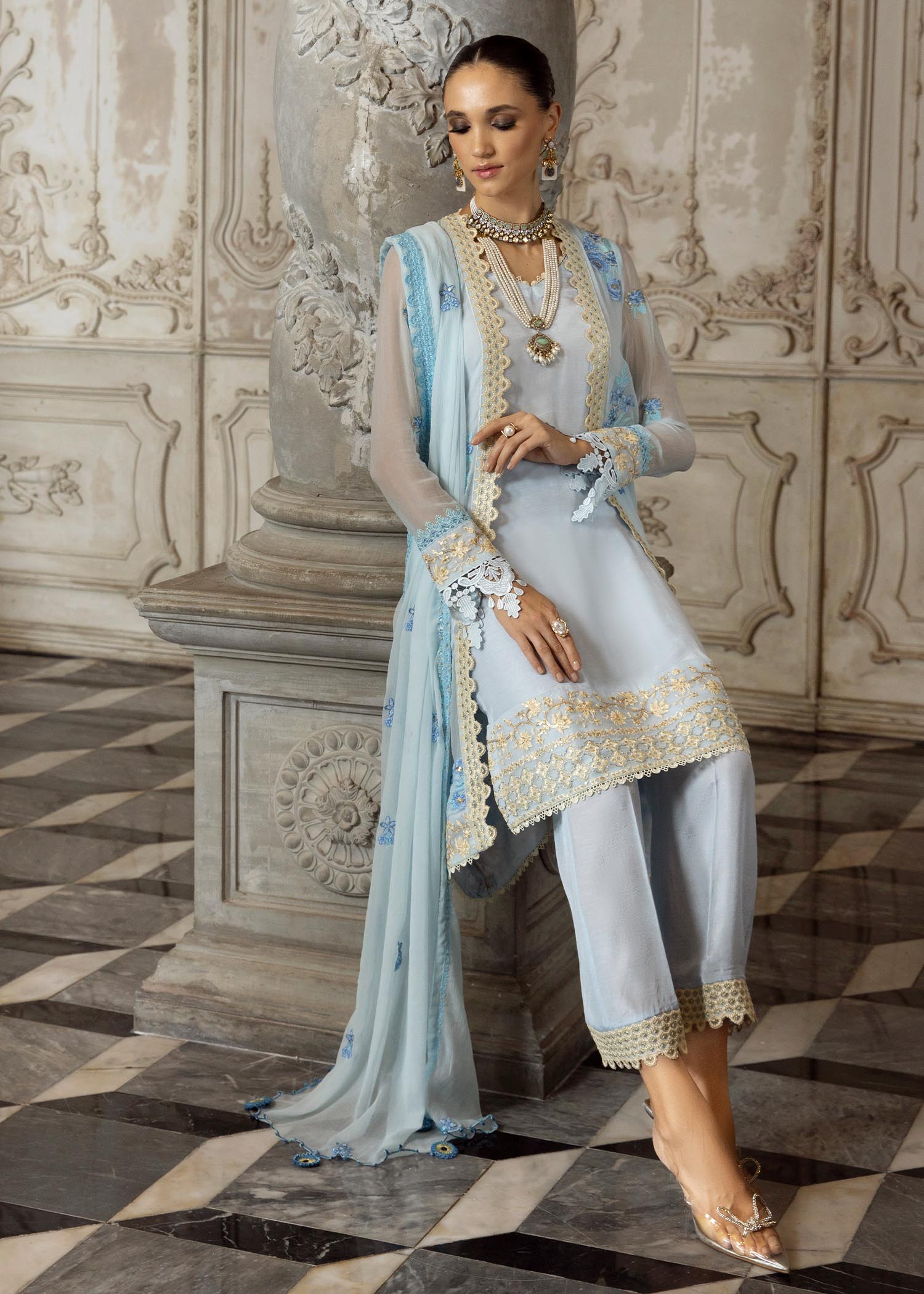 Merakish Baby Blue embroidered chiffon unstitched Suit Women 3pcs