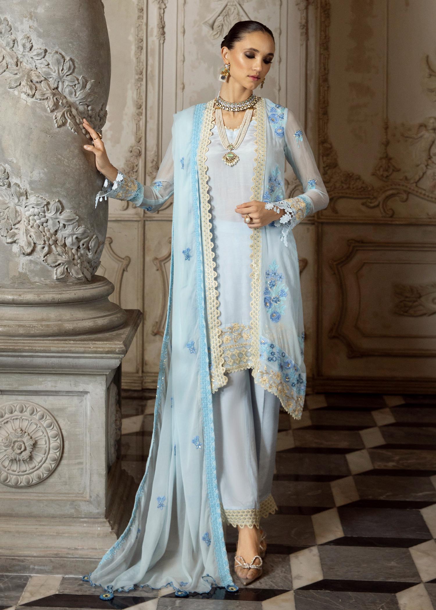 Merakish Baby Blue embroidered chiffon unstitched Suit Women 3pcs