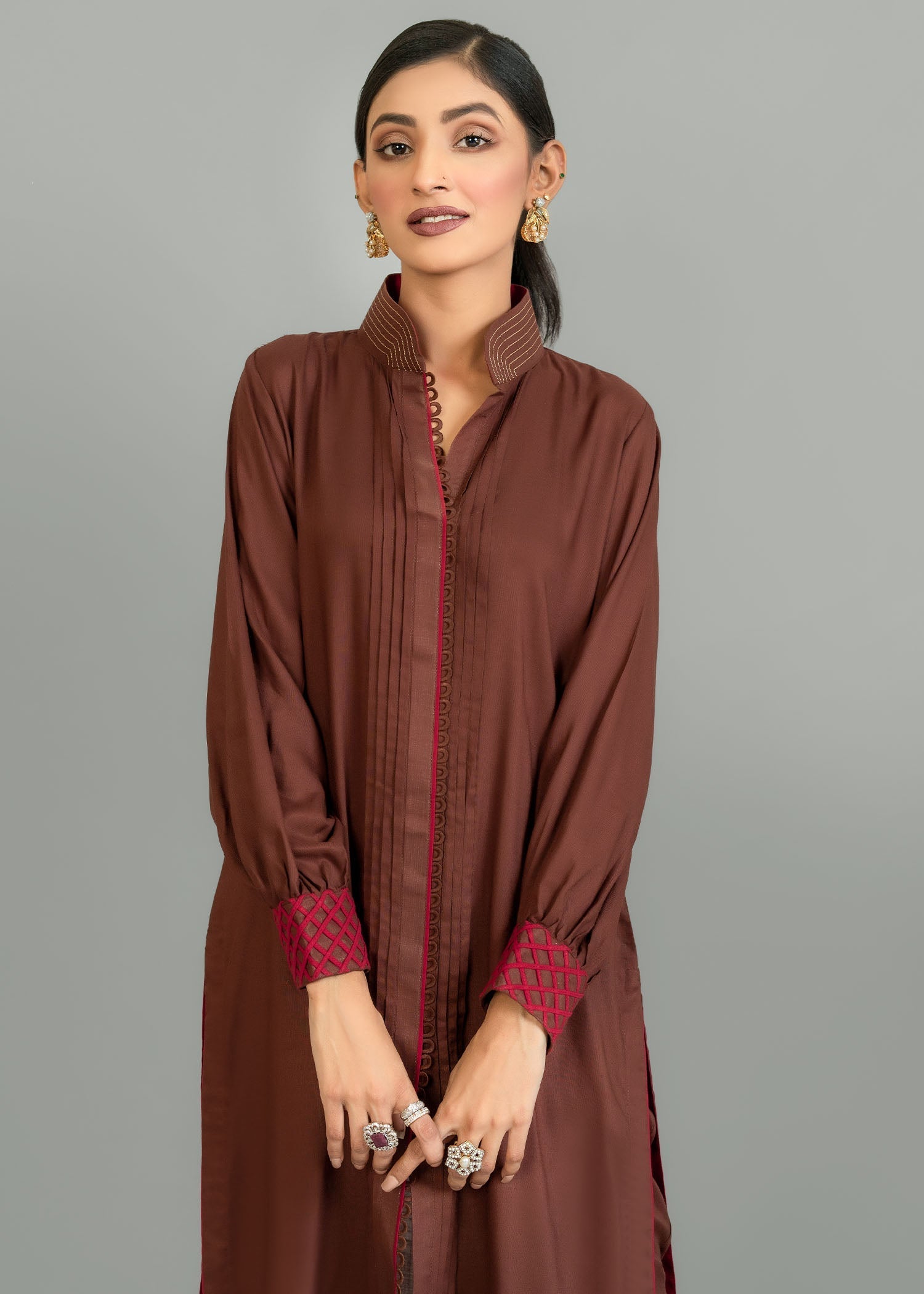 Nuqsh Deep Chocolate With Pleats Women 2pcs