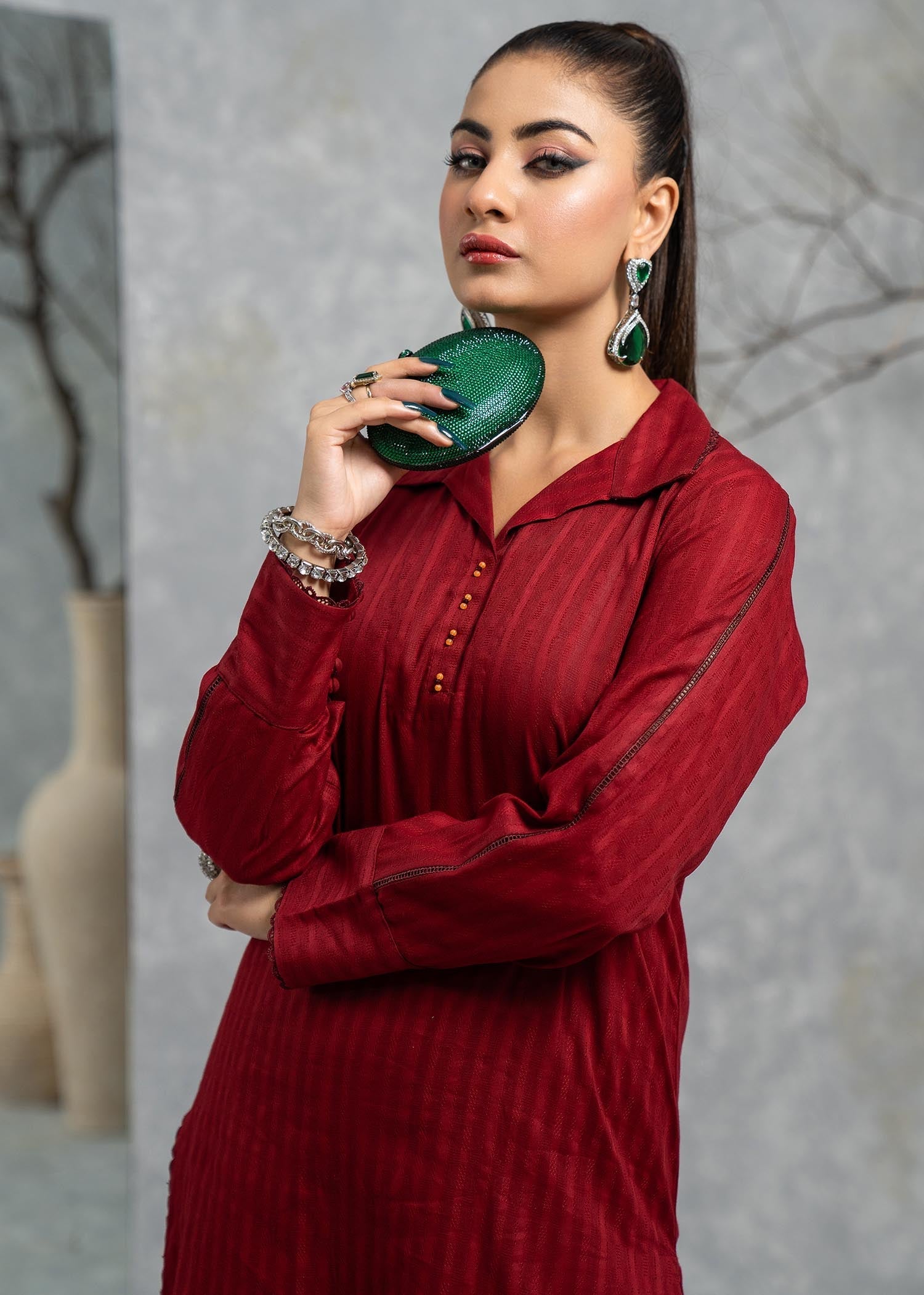 Hemstitch Basic Maroon Women 2pcs