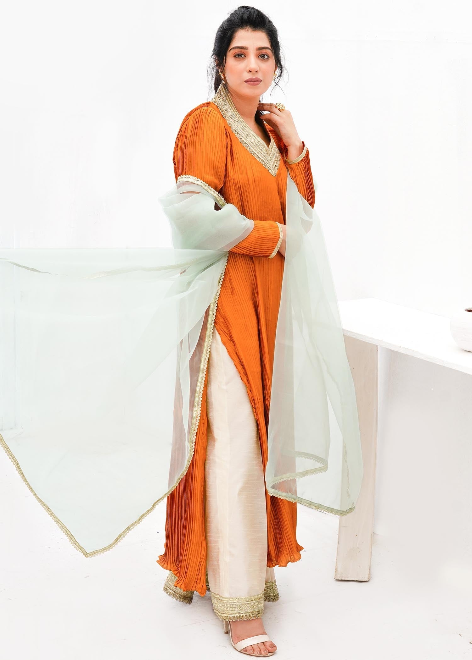 Zar Orange Pleated Tunic Set Women 2pcs