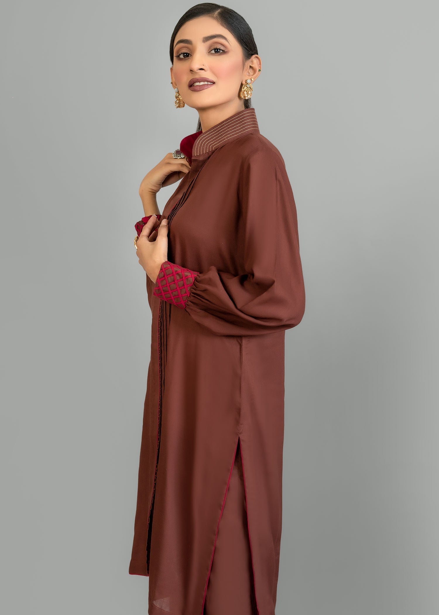 Nuqsh Deep Chocolate With Pleats Women 2pcs