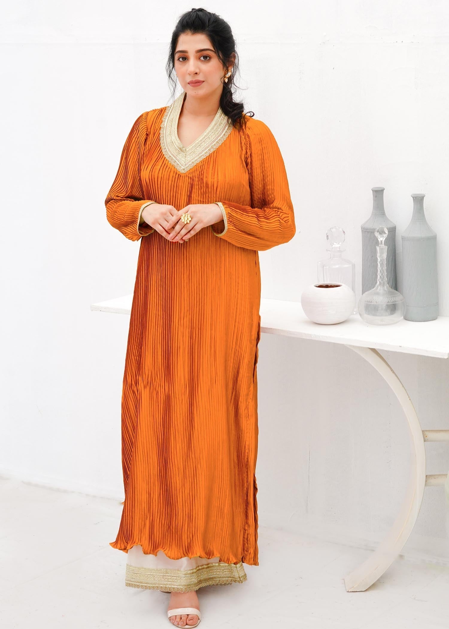 Zar Orange Pleated Tunic Set Women 2pcs
