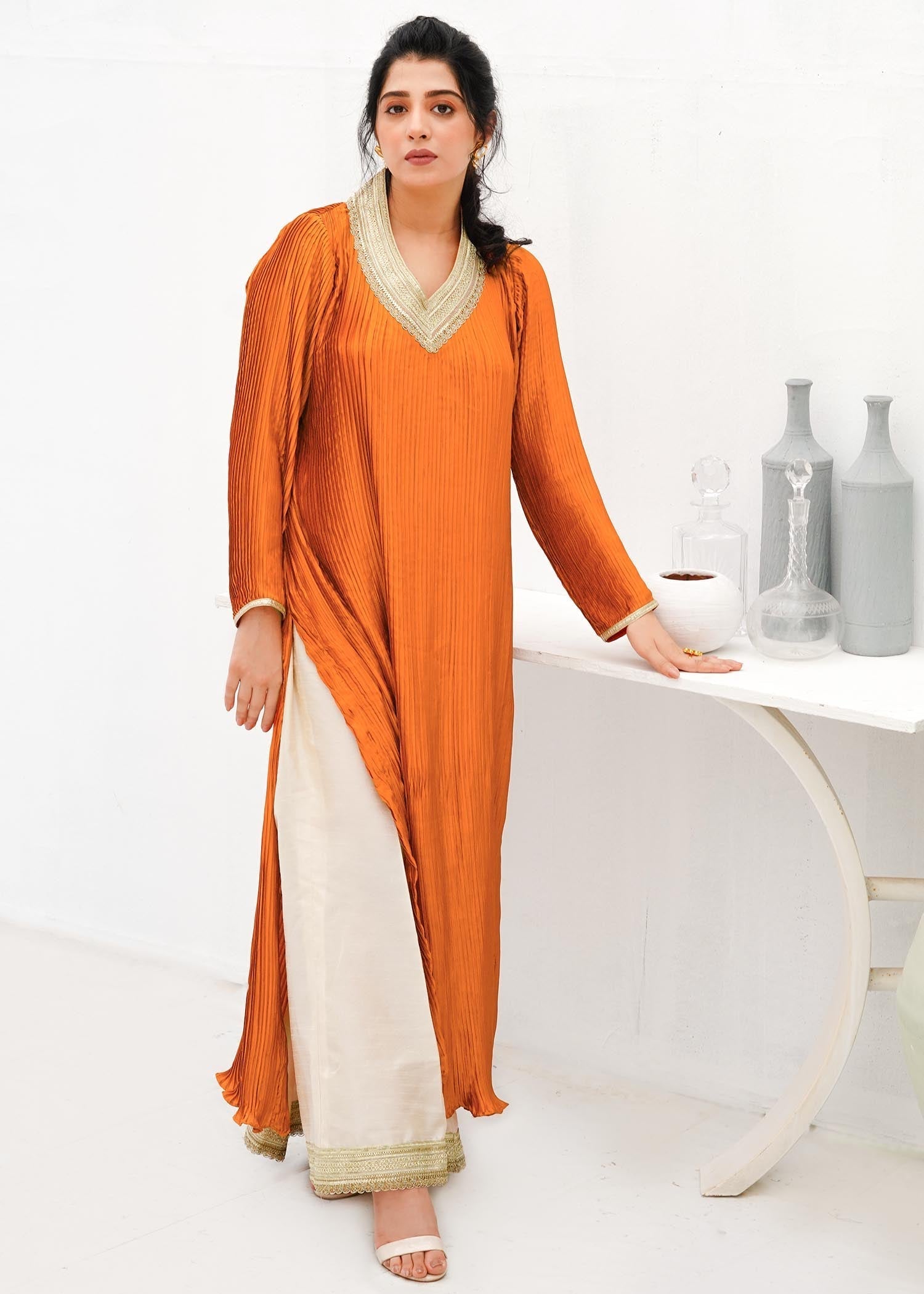 Zar Orange Pleated Tunic Set Women 2pcs