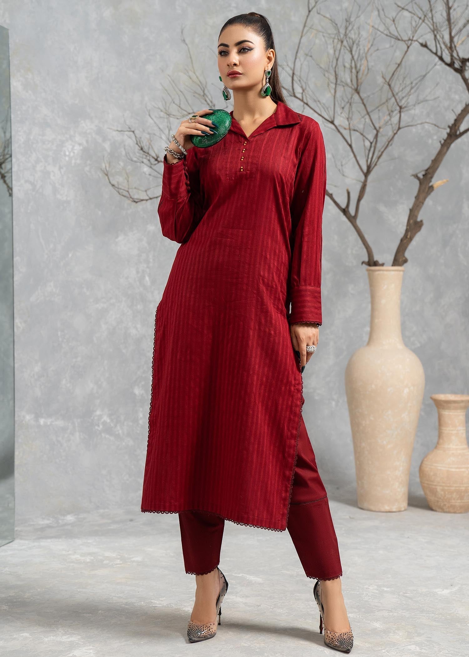 Hemstitch Basic Maroon Women 2pcs