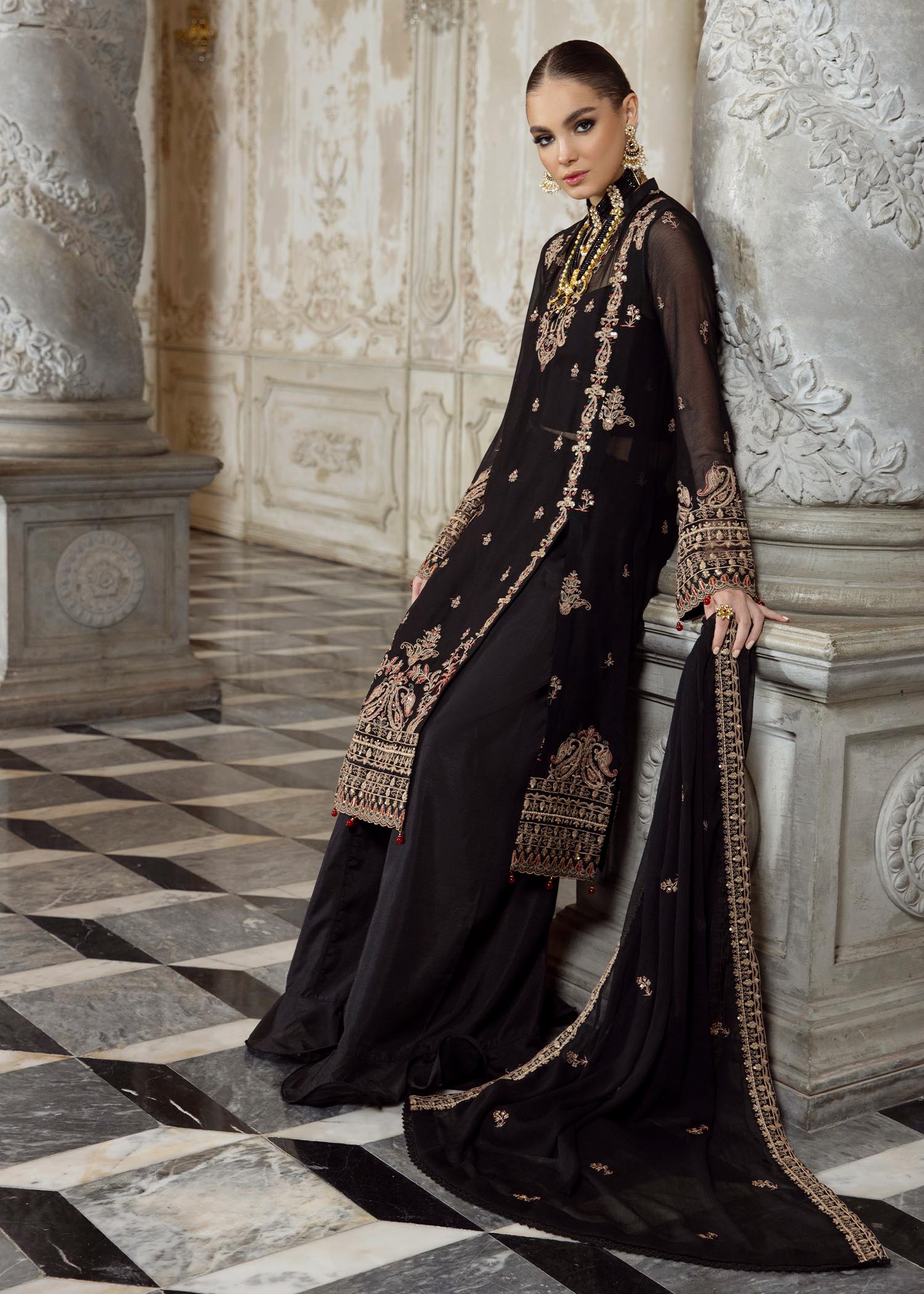 Merakish Rich Black embroidered chiffon unstitched Suit Women 3pcs