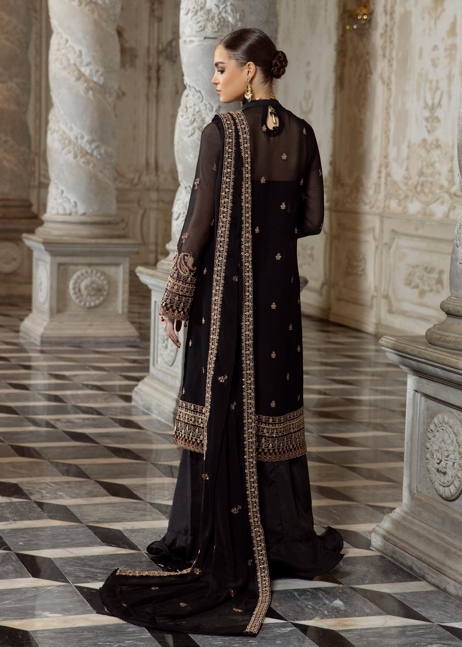 Merakish Rich Black embroidered chiffon unstitched Suit Women 3pcs