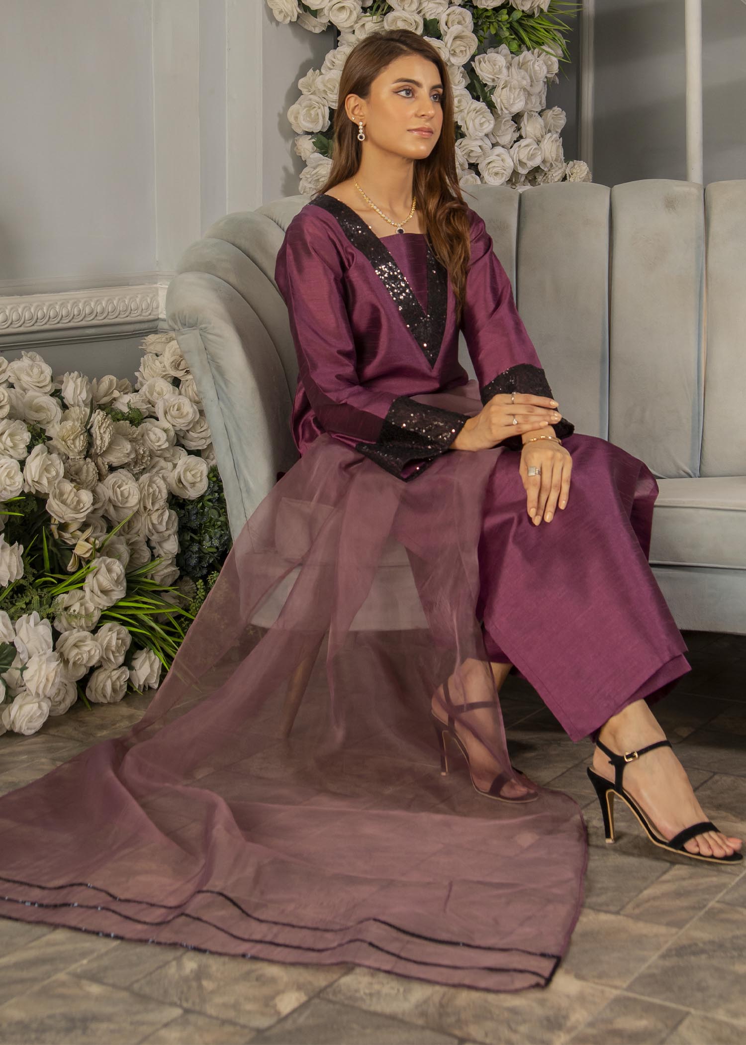 Naaz Couture Plum Embroidered Raw Silk Suit Women 3pcs