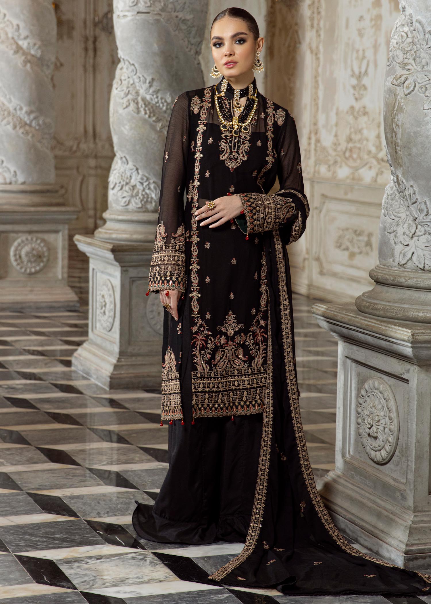 Merakish Rich Black embroidered chiffon unstitched Suit Women 3pcs