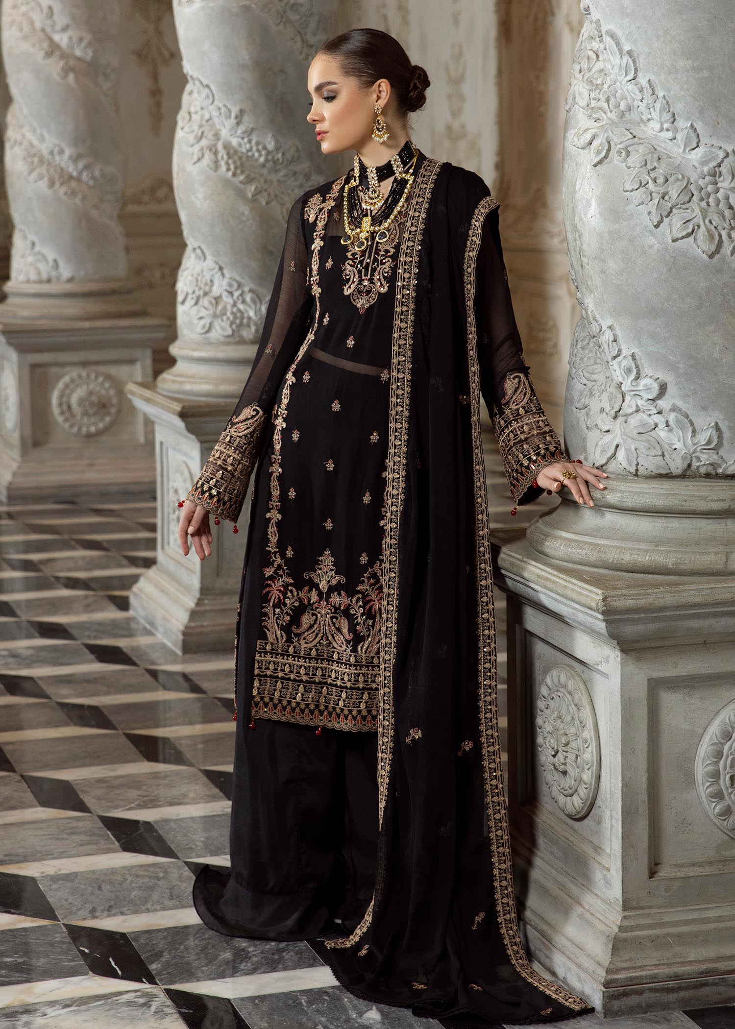 Merakish Rich Black embroidered chiffon unstitched Suit Women 3pcs