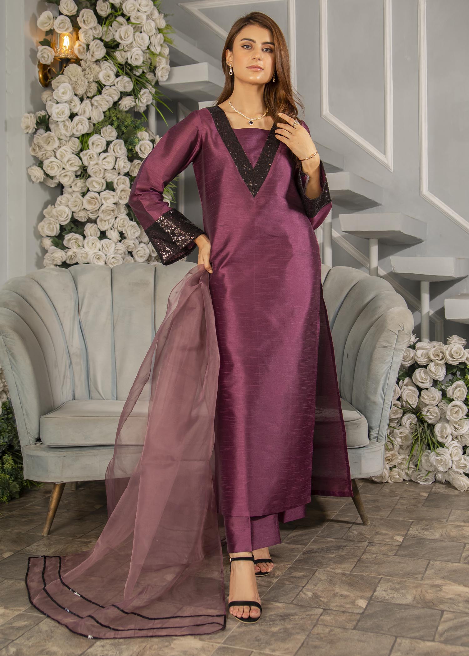 Naaz Couture Plum Embroidered Raw Silk Suit Women 3pcs