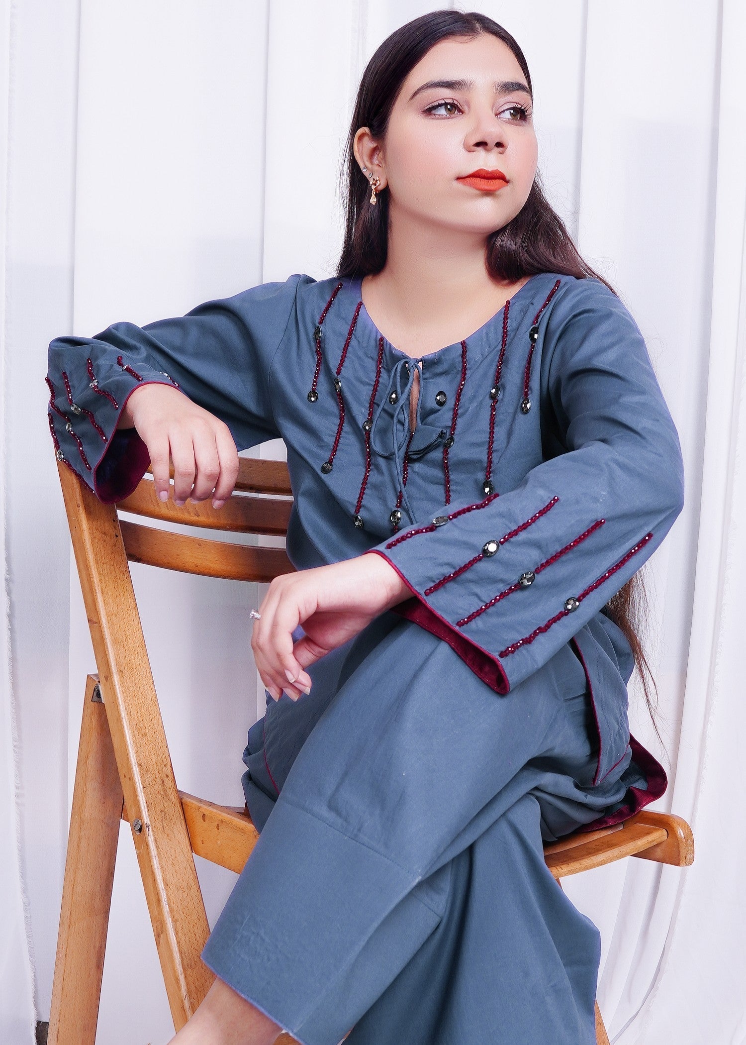 Pretbee Grey Handmade Stone Work Farshi Shalwar Set Women 2pcs