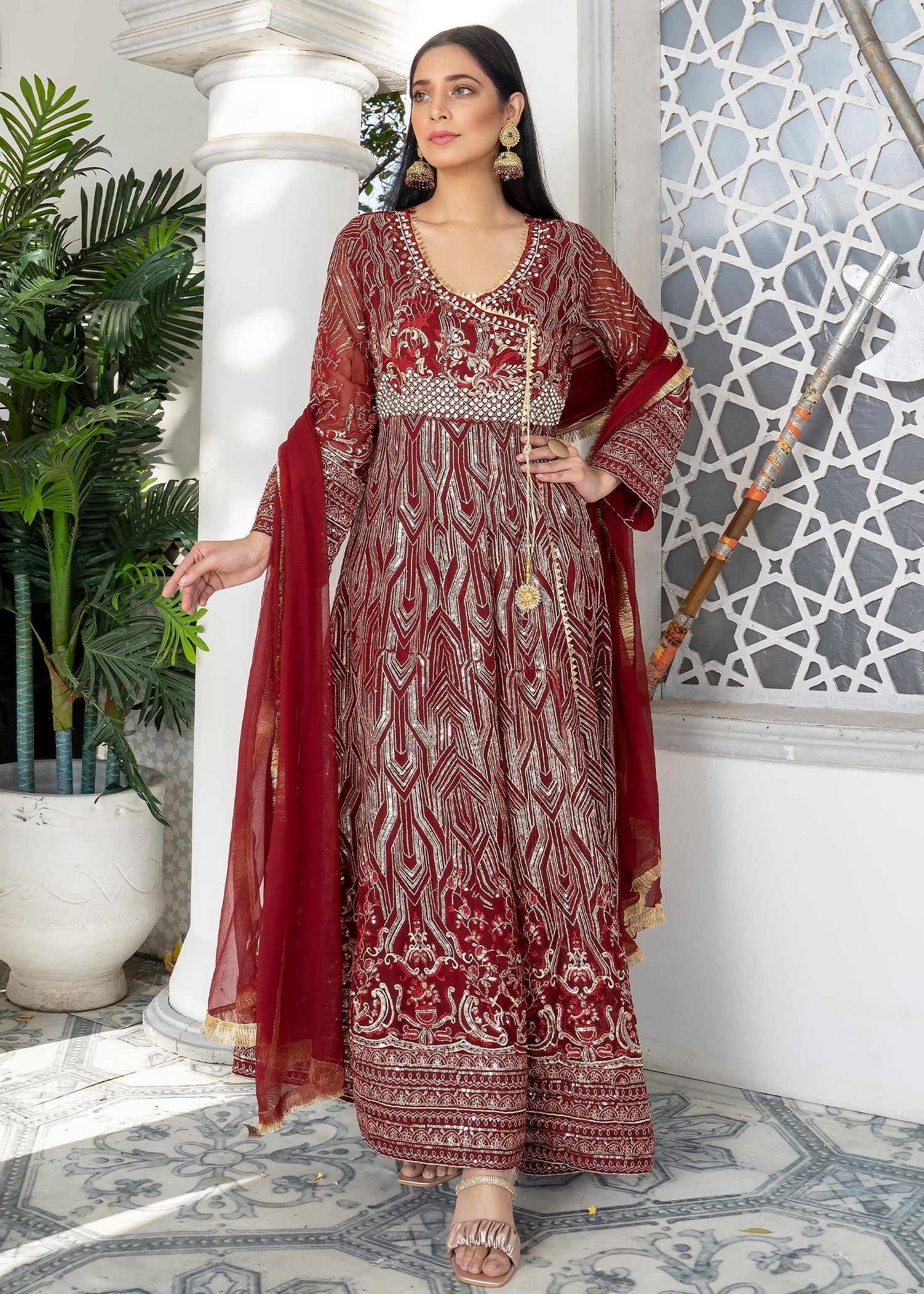 Manahils Angrakha 105 Maroon Women 3pcs