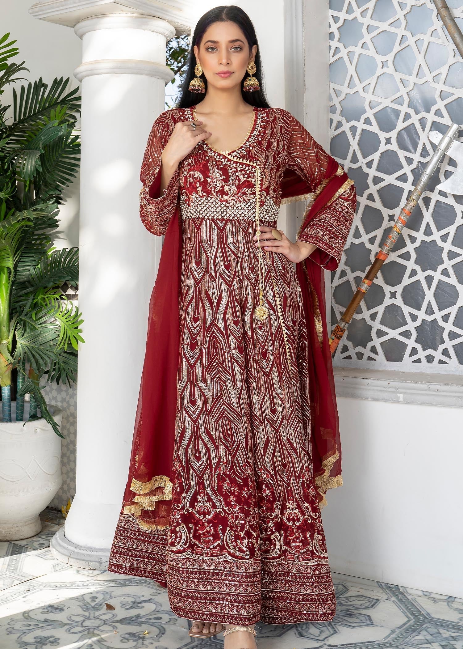 Manahils Angrakha 105 Maroon Women 3pcs