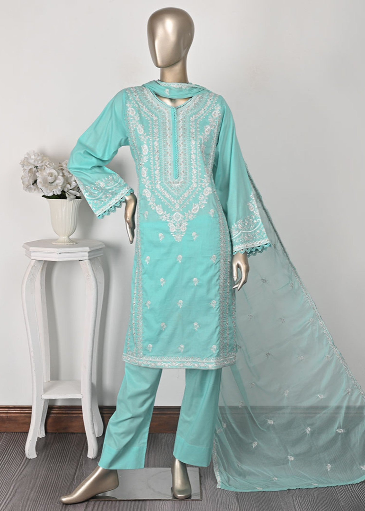Khombi Delicate BZ 151 Aqua Cotton Embroidered Dress Women 3pcs