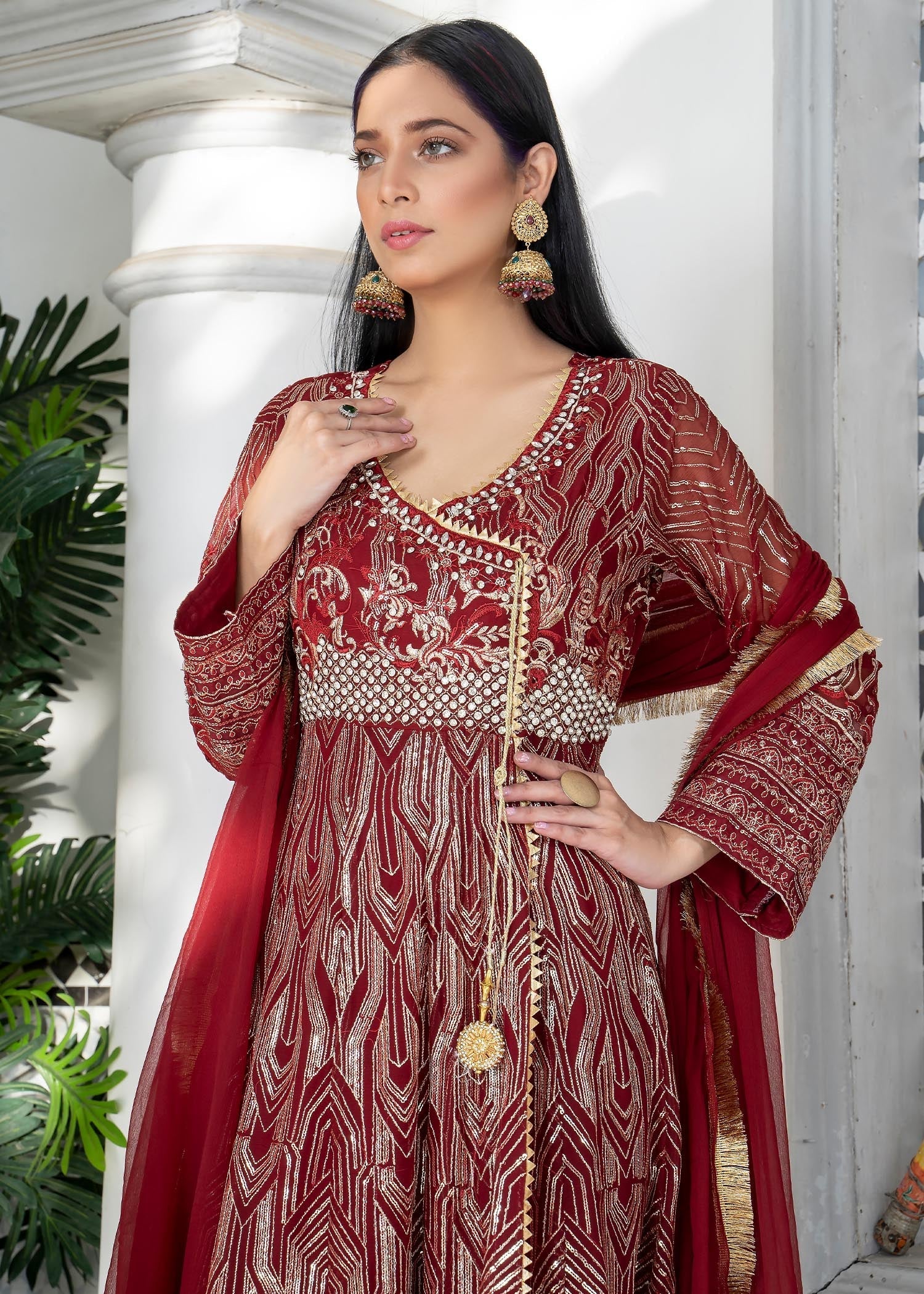 Manahils Angrakha 105 Maroon Women 3pcs