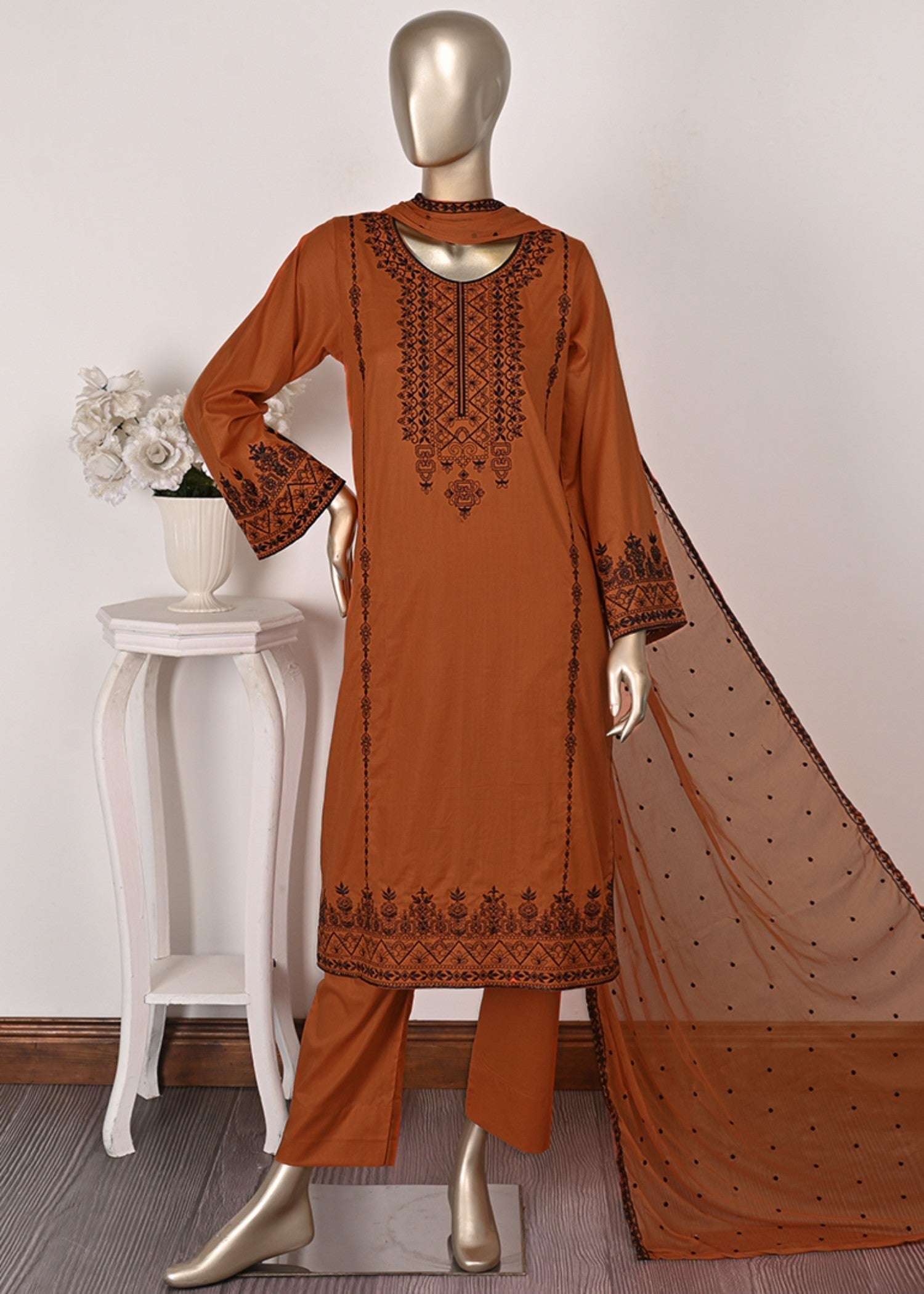 Khombi Grilled BZ 194 Rust Orange Cotton Embroidered Dress Women 3pcs