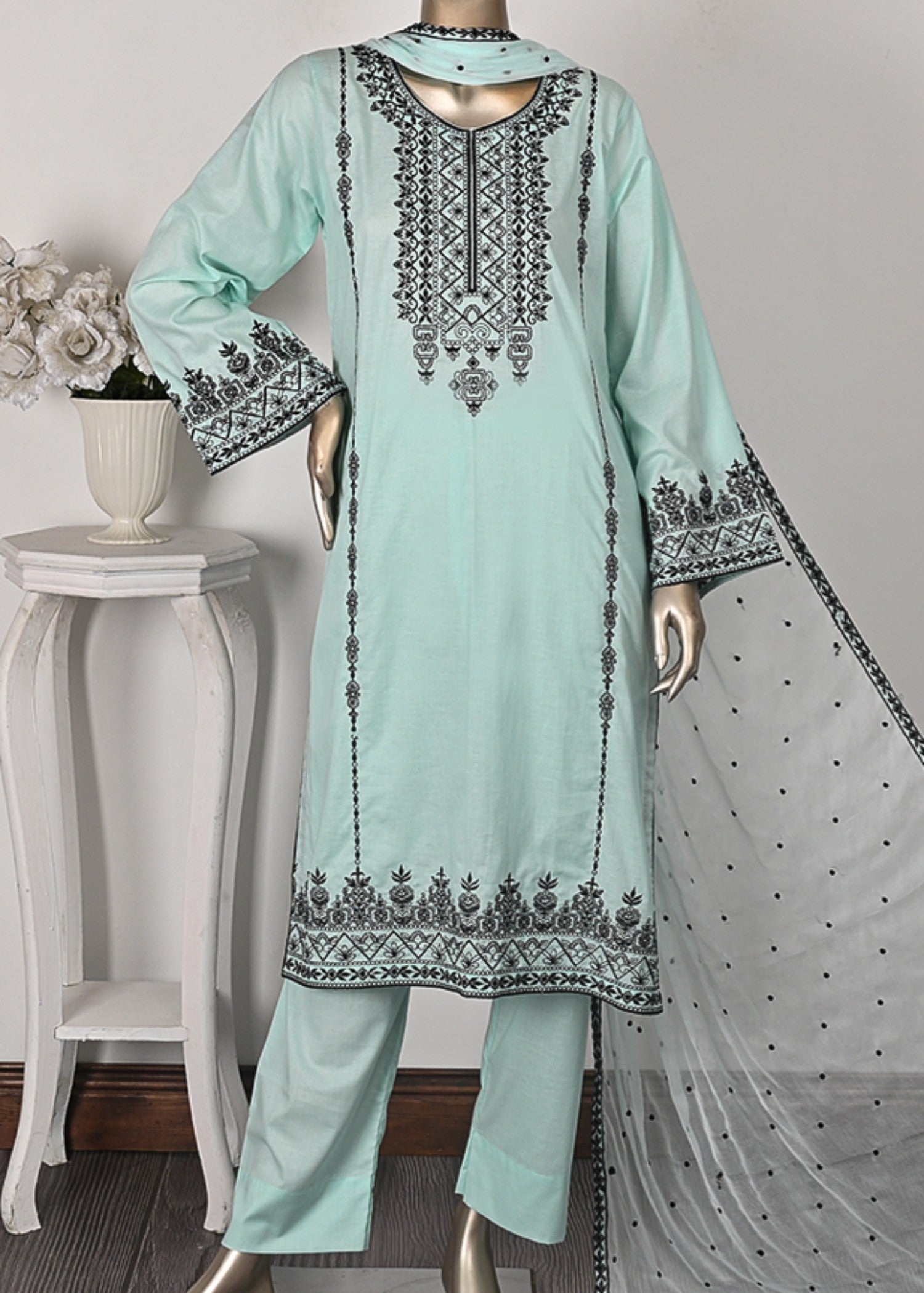 Khombi Grilled BZ 194 Moss Green Daily/Basic Wear Cotton Embroidered Dress Women 3pcs