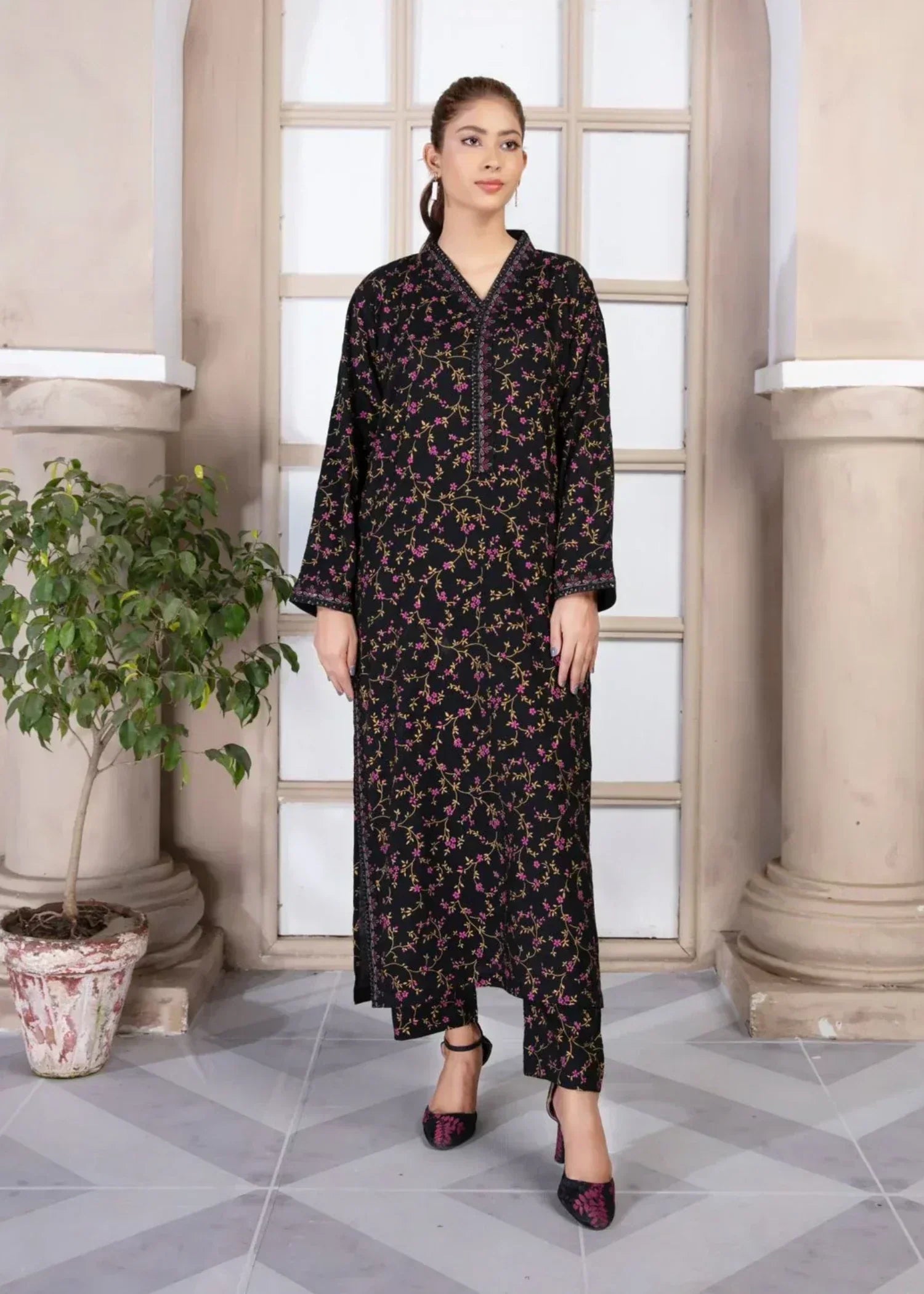 Sajfi Closet Black Rose Printed Stitched with Embroidered borders all over Women 2pcs