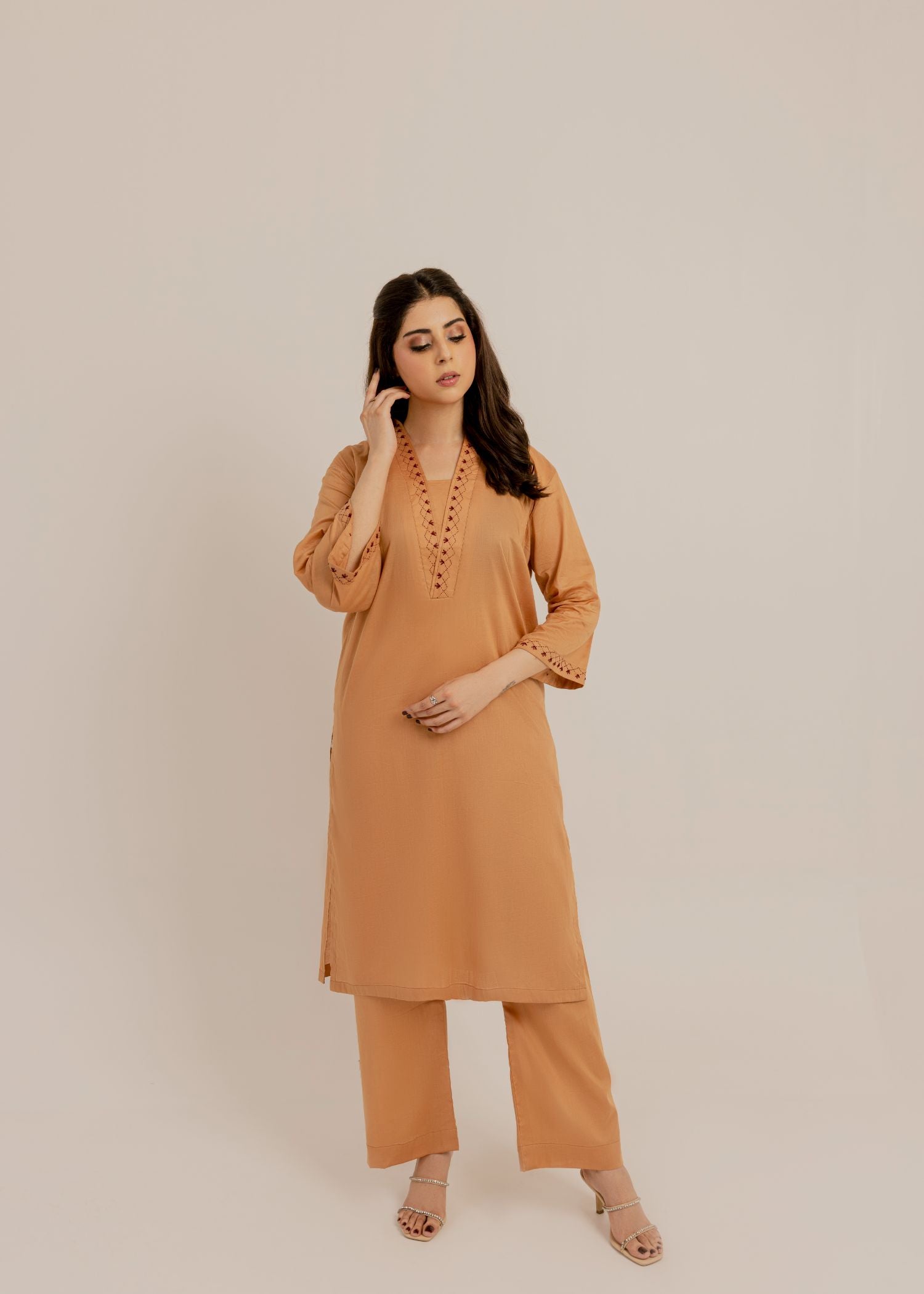 The Slay Wear Beige Embroidered dress Women 2pcs