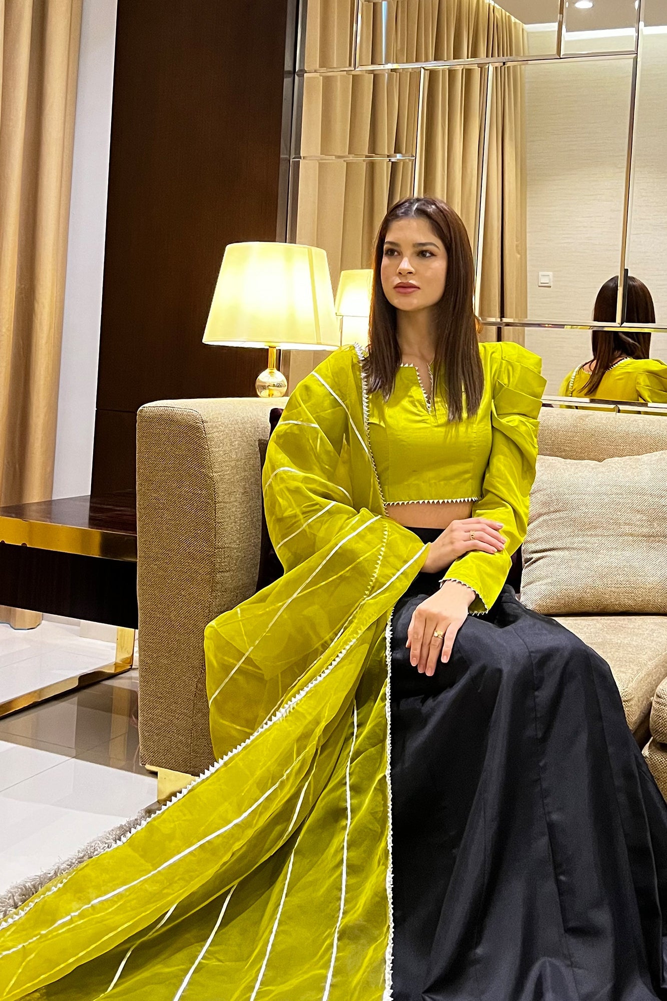 Kanydaro Olive & Noir Gota Ensemble Set Women 3pcs