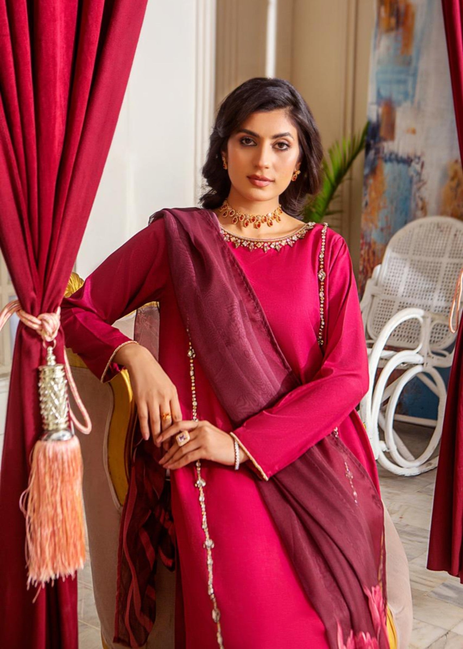 Alnuqat RED VINE Made In Crepe Fabric Women 3pcs