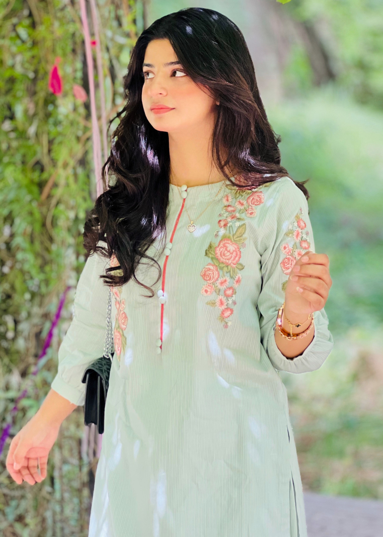 Haya'S Creation Embroidered Pistachio Green Doria Lawn Dress with Farshi Shalwar Women 2pcs