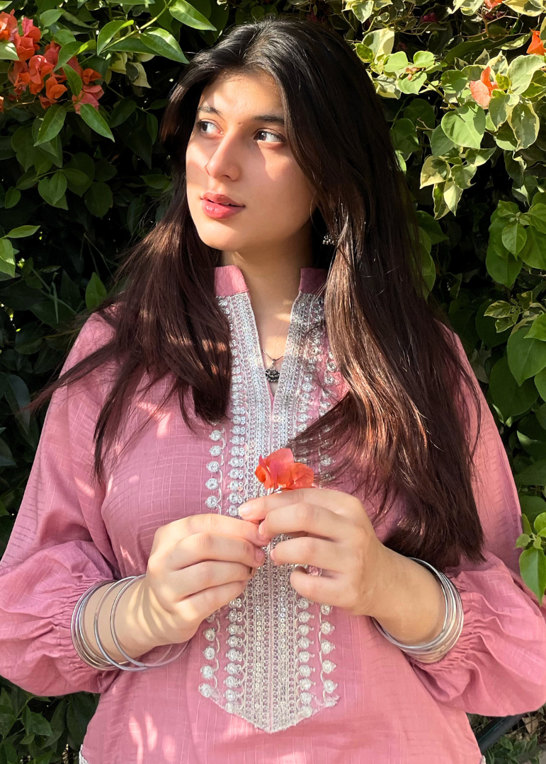 Haya'S Creation Embroidered Tea Pink Tarkashi Lawn with Farshi Shalwar Women 2pcs