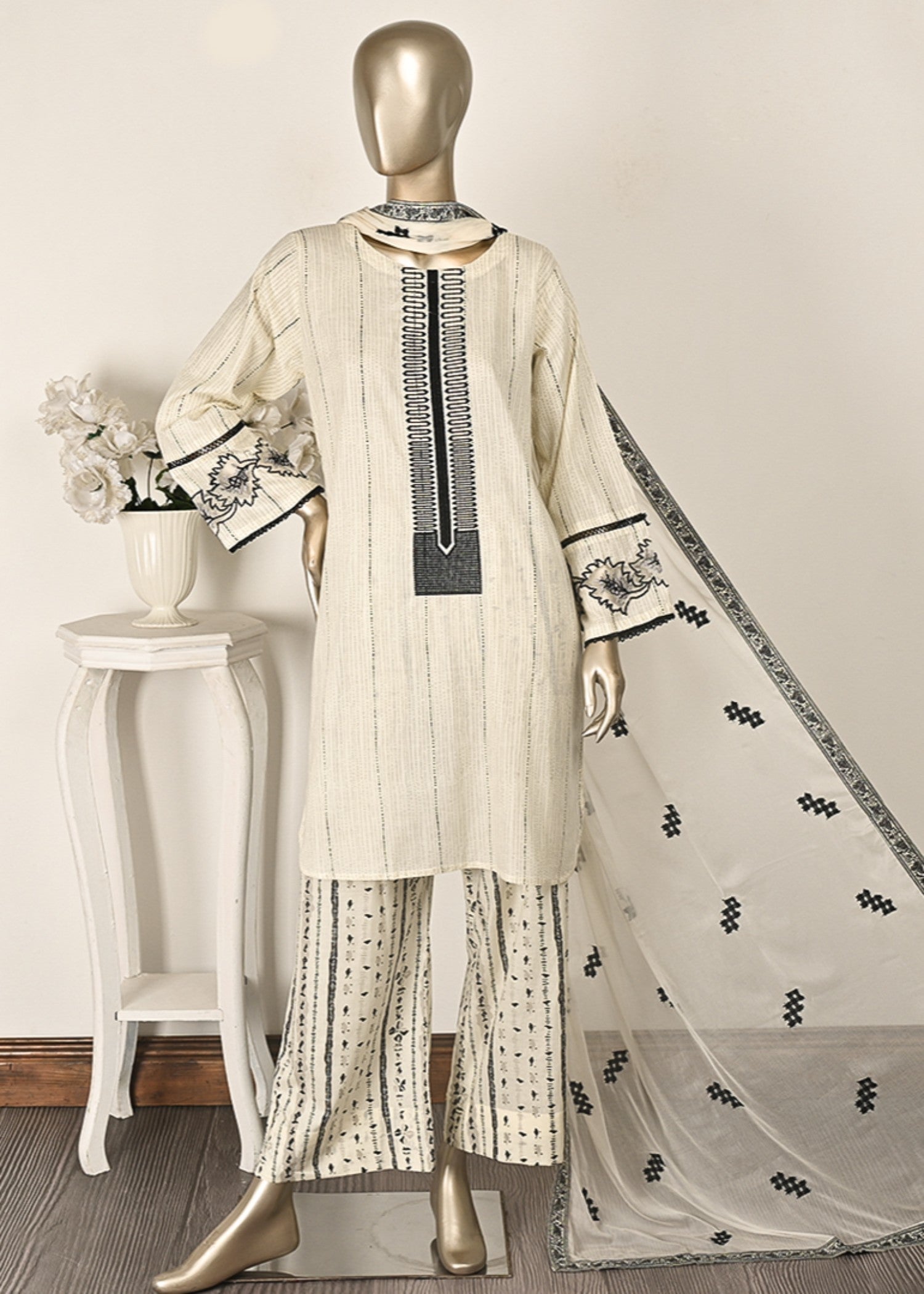 Khombi Pie BZ 181 Cream Daily/Basic Wear Cotton Embroidered Dress Women 3pcs