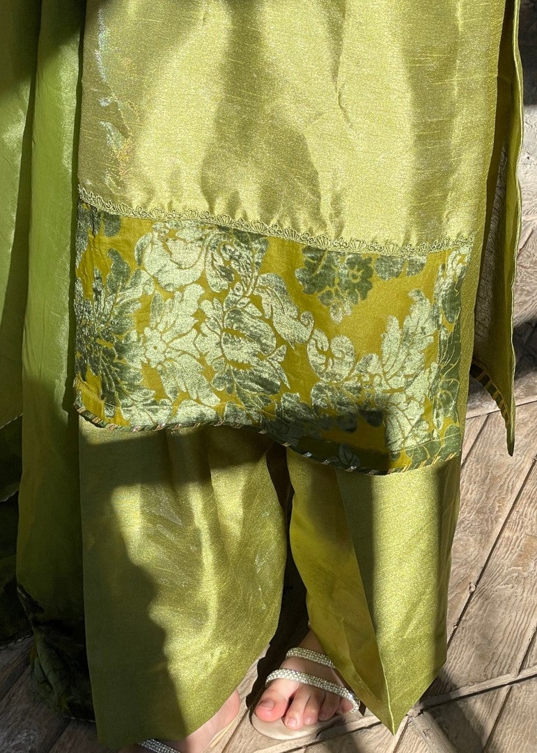 Haya'S Creation Apple Green Raw Silk Dress with Plachi Details Women 3pcs