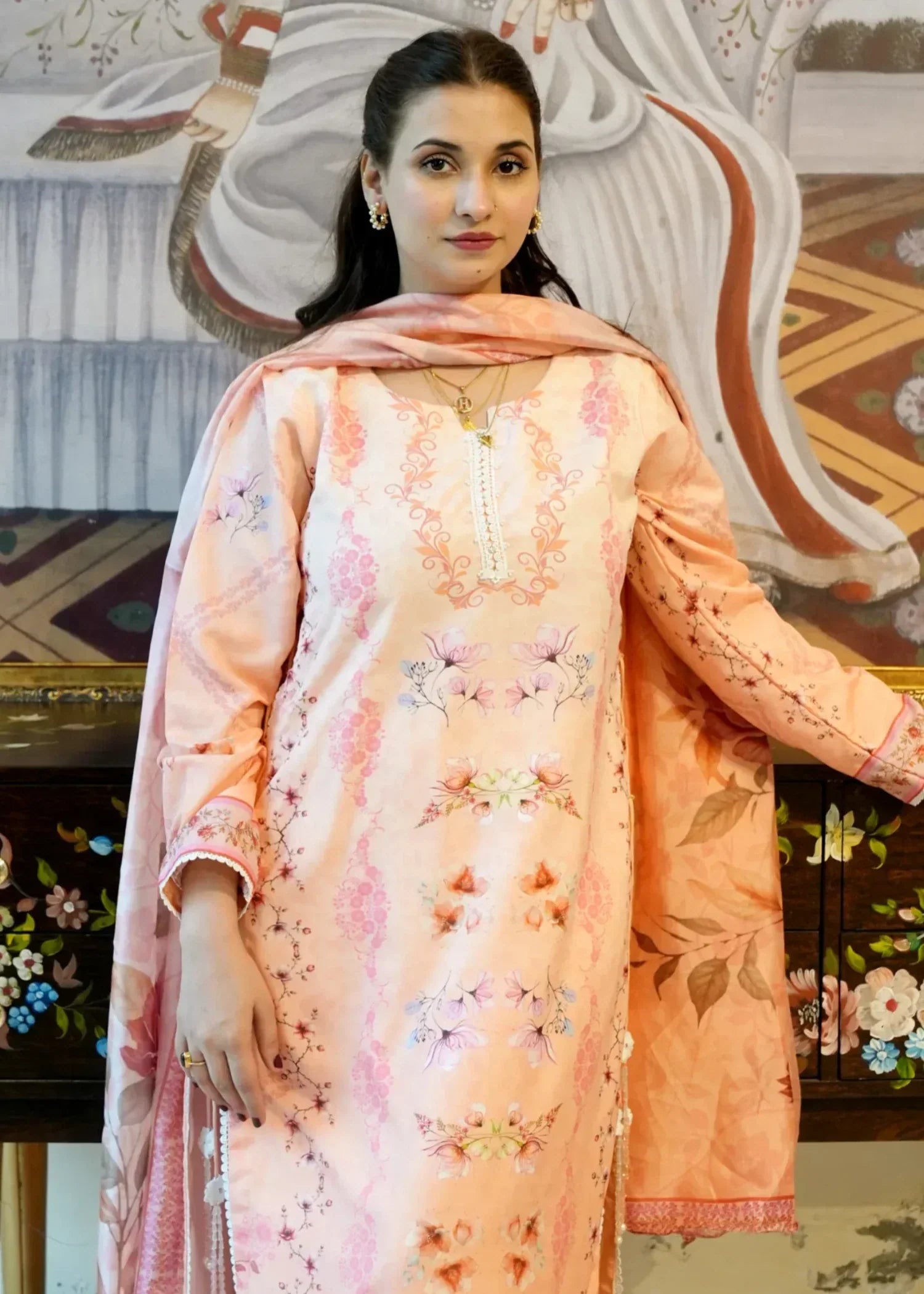 OR COUTURE BY RAMSHA OBAID Peach Printed Lawn Women 3pcs