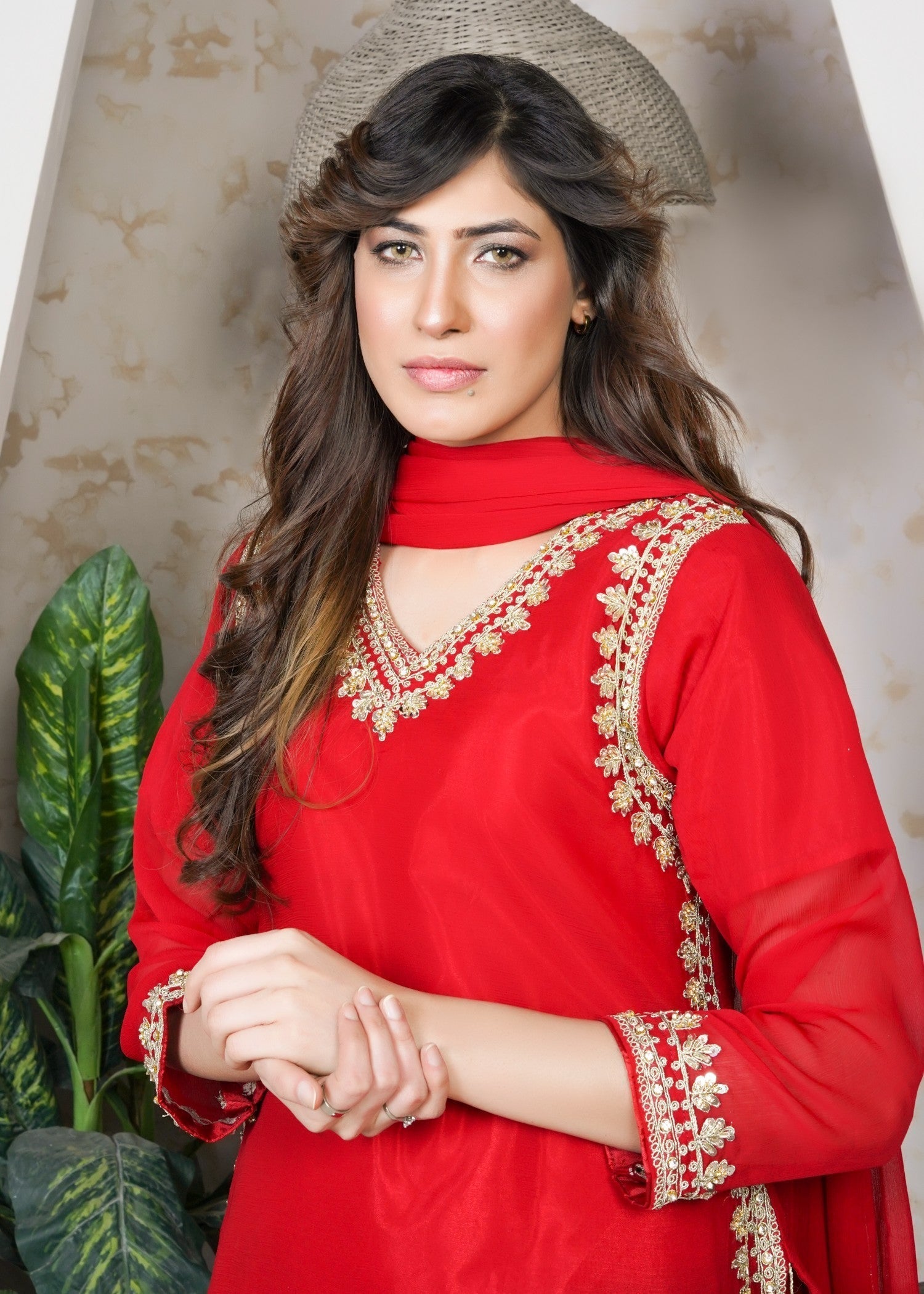 Miss & Mrs Gharara red anarkali. Women 3pcs