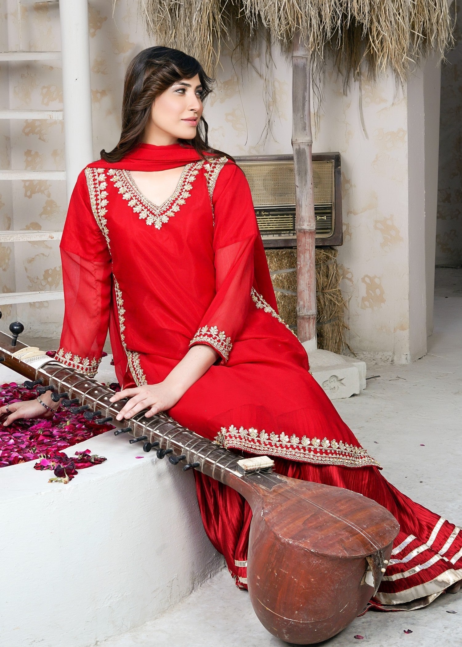 Miss & Mrs Gharara red anarkali. Women 3pcs