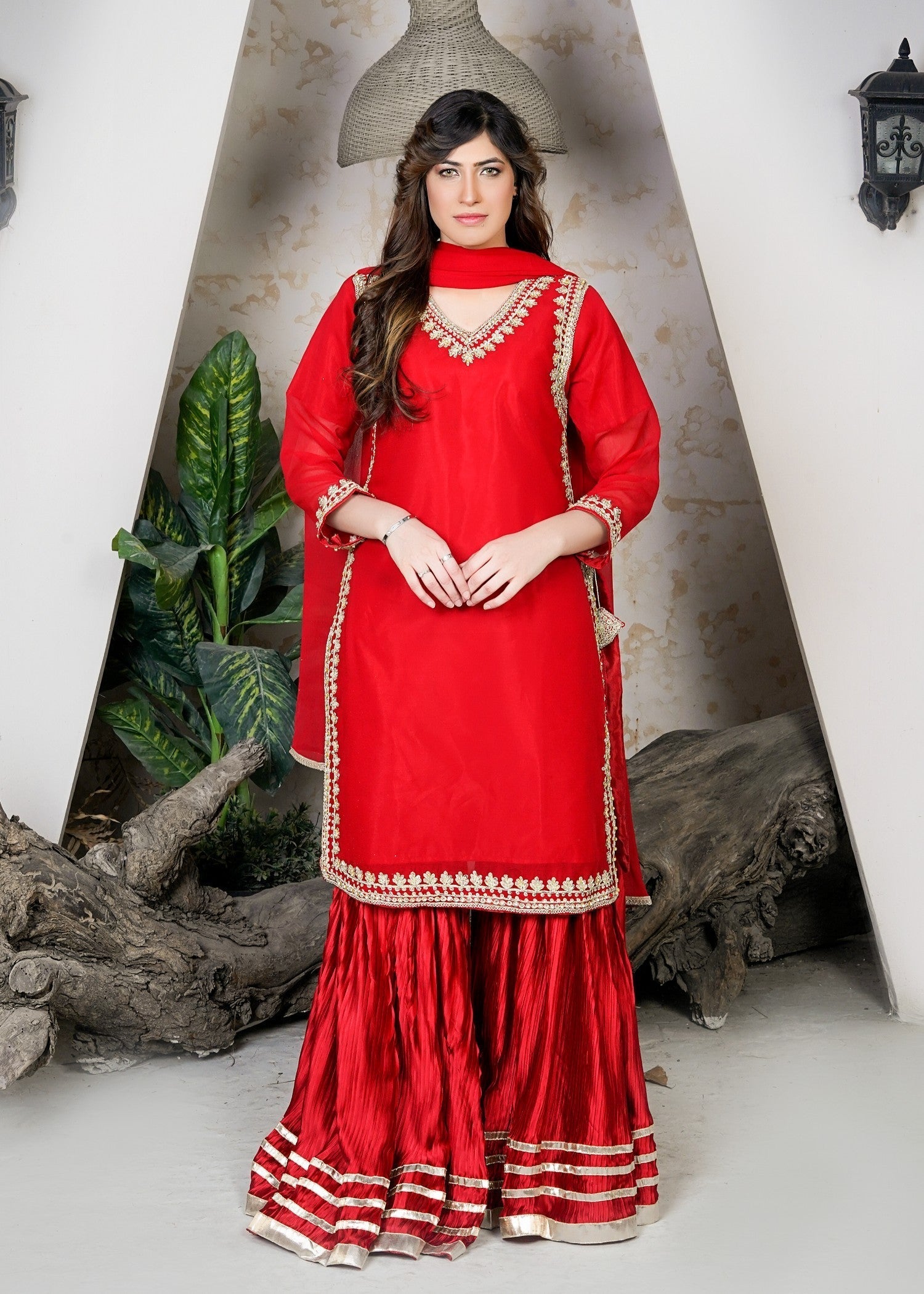 Miss & Mrs Gharara red anarkali. Women 3pcs