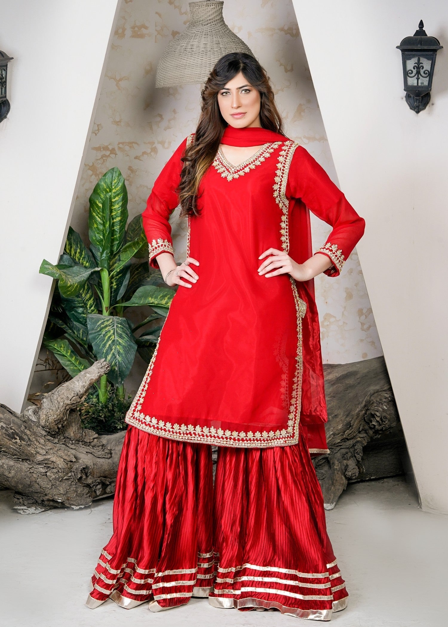 Miss & Mrs Gharara red anarkali. Women 3pcs