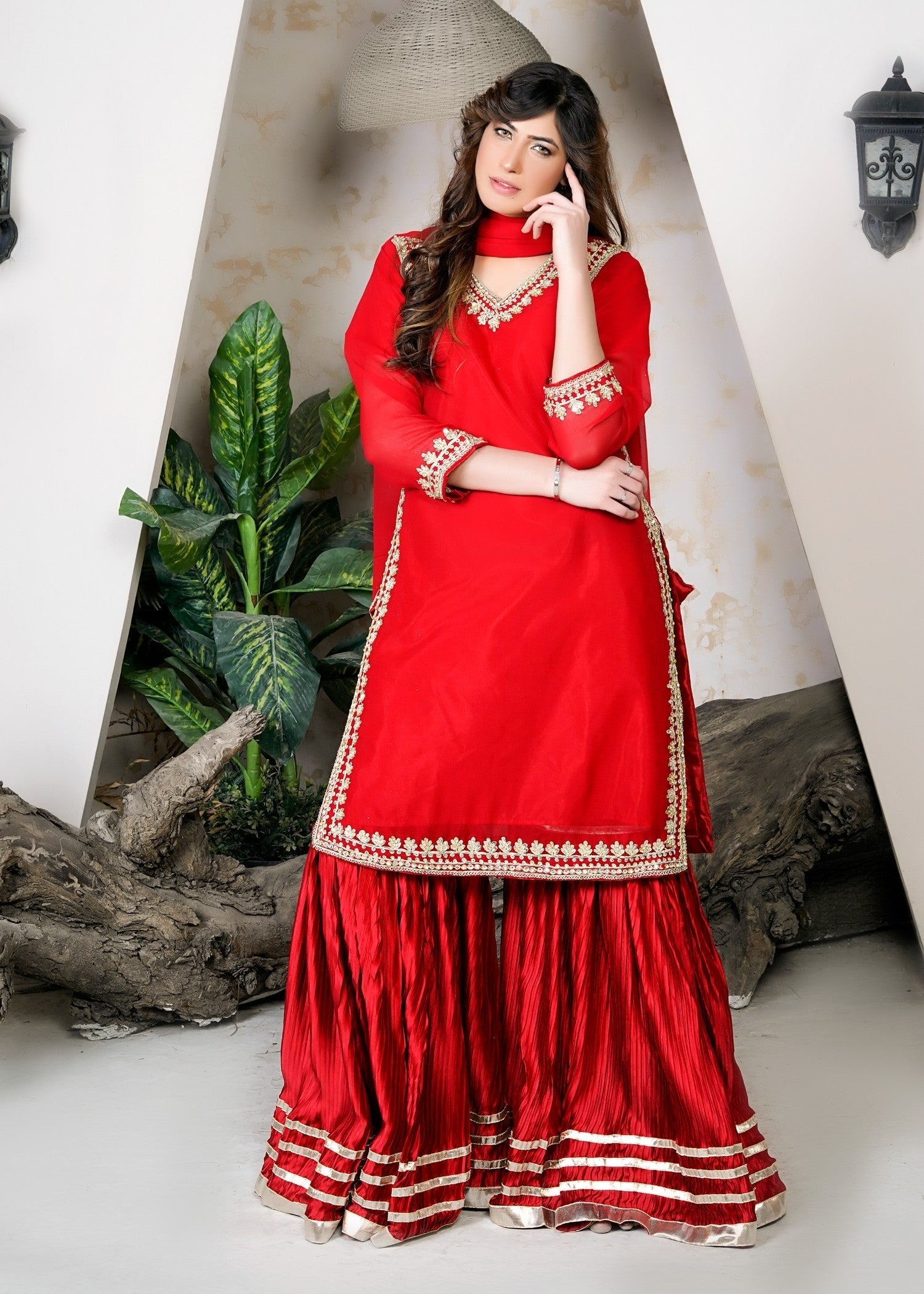 Miss & Mrs Gharara red anarkali. Women 3pcs