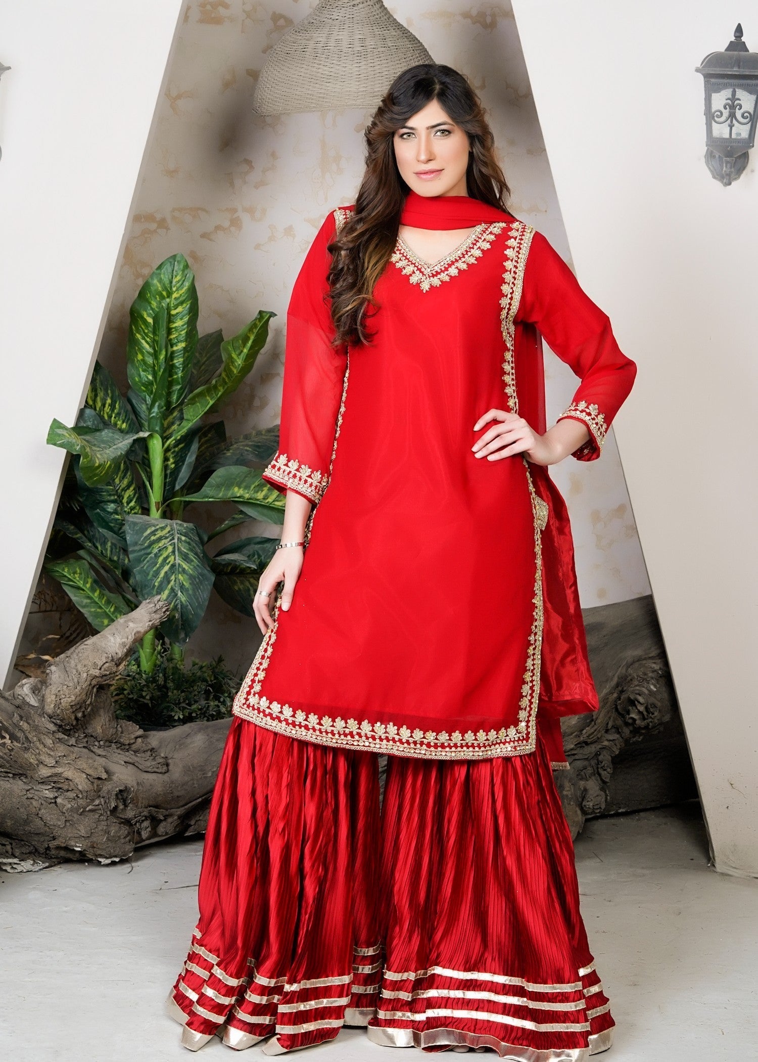 Miss & Mrs Gharara red anarkali. Women 3pcs