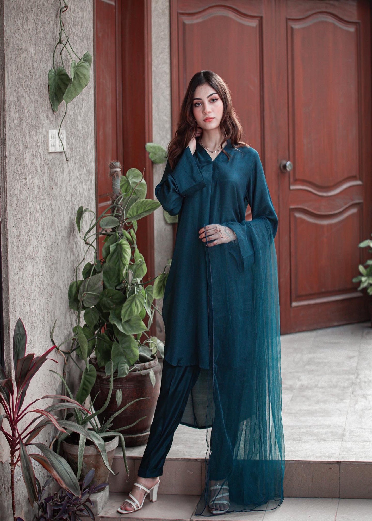 Zauk Teal Blue Three Piece Dress Women 3pcs