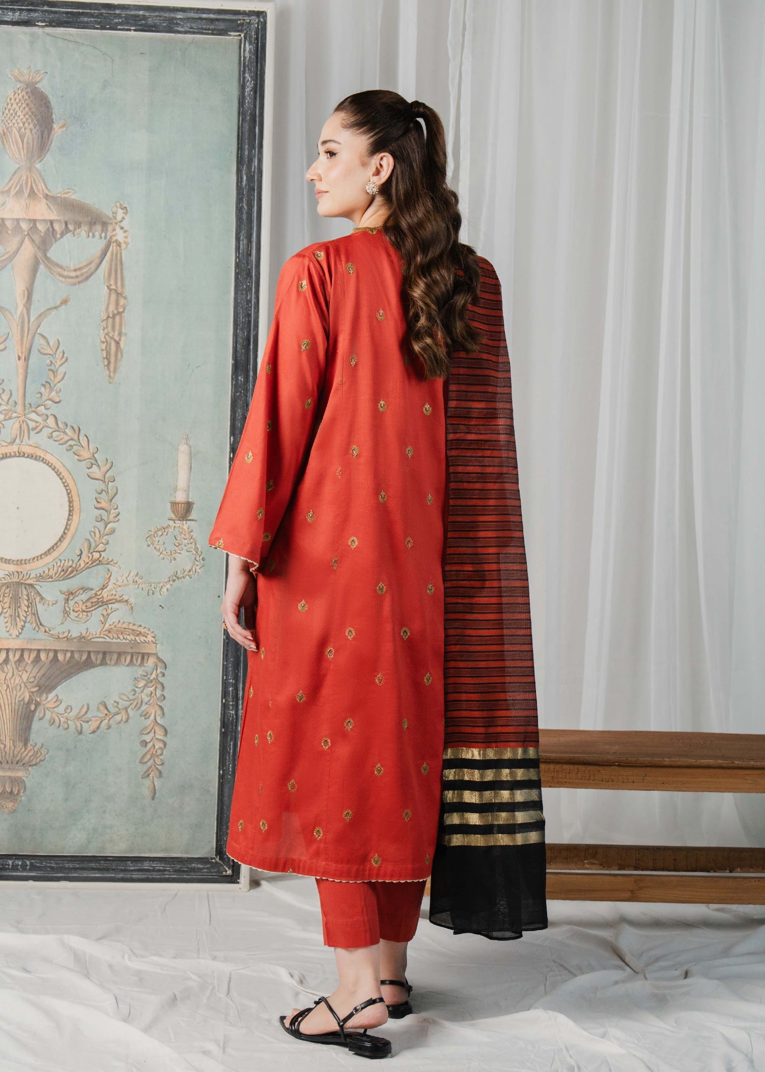Buzzazi Rust Embroidered Suit Women 3pcs